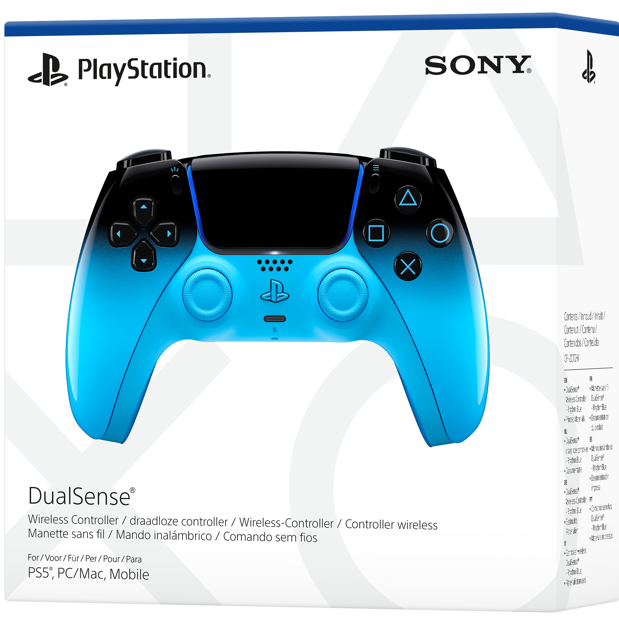 Ein blauer und schwarzer PlayStation DualSense Controller liegt auf einer Verpackung.