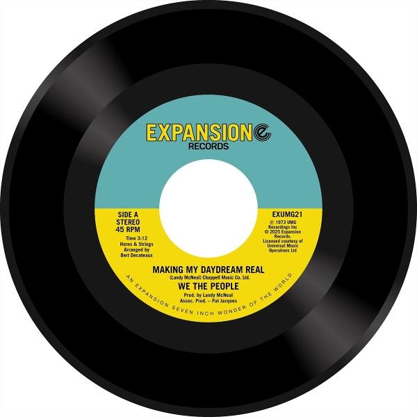 Schwarze 7-Zoll-Single-Schallplatte mit gelbem und blauem Etikett. Mit Band- und Songtiteln.