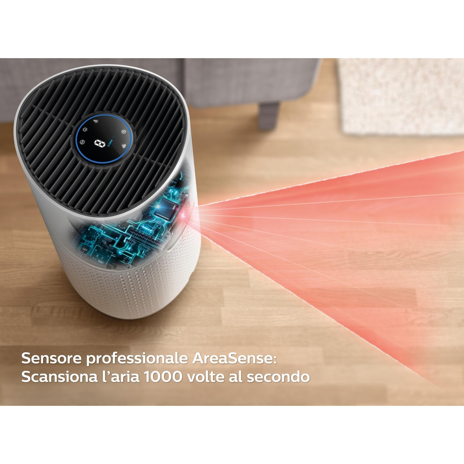 Purificatore d'aria bianco su pavimento in legno con flusso d'aria rosso.