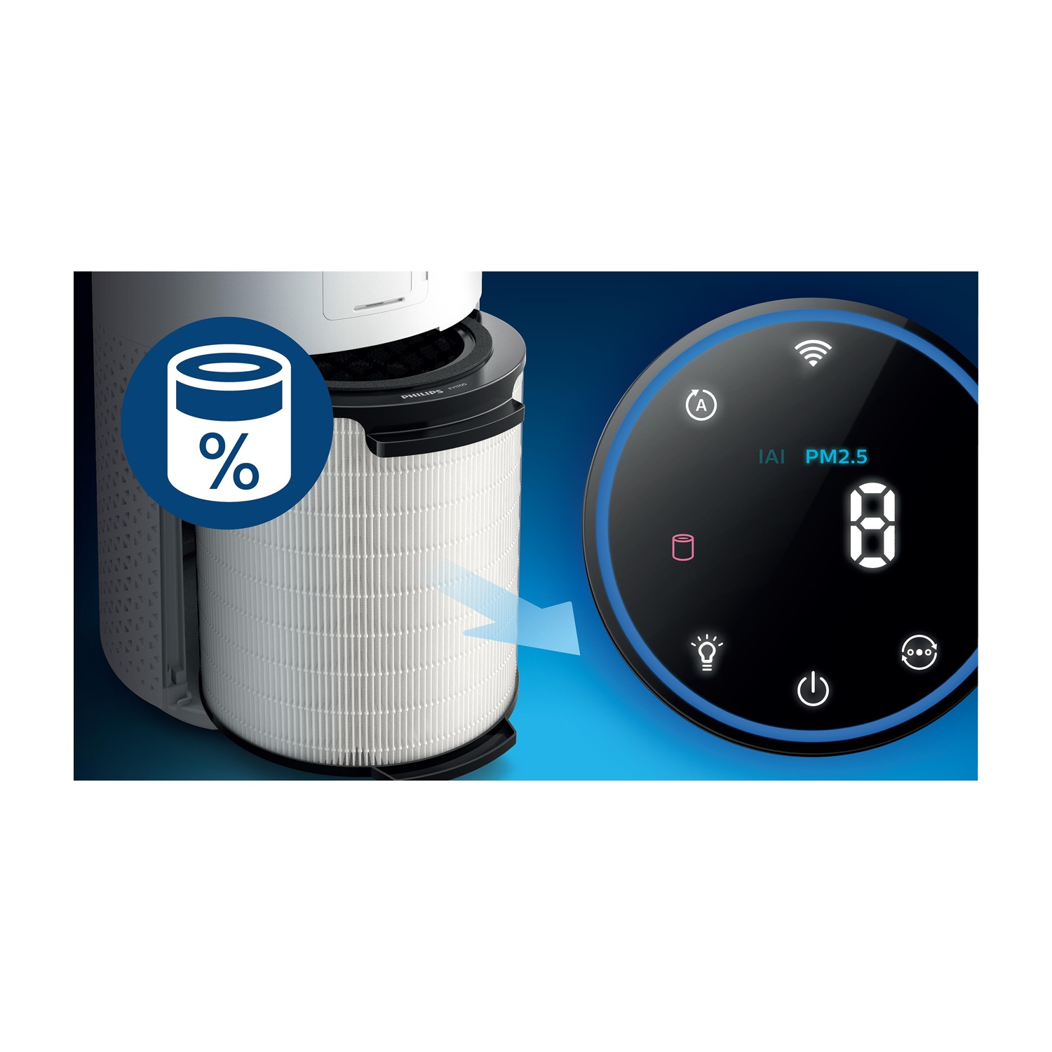 Un purificatore d'aria che mostra un filtro e un display digitale che indica i livelli PM2.5.