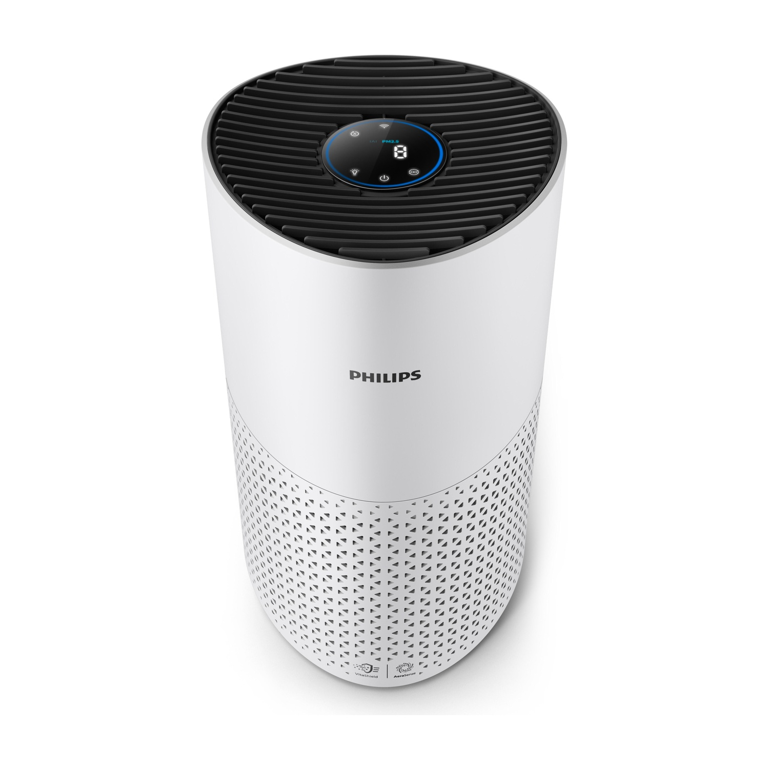Un purificatore d'aria Philips bianco con griglia superiore nera e display digitale.