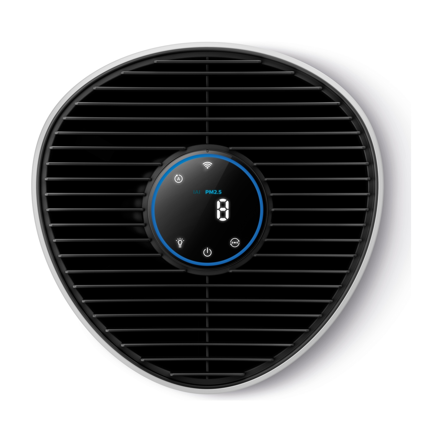 Un purificatore d'aria nero con display digitale che mostra il numero 8.