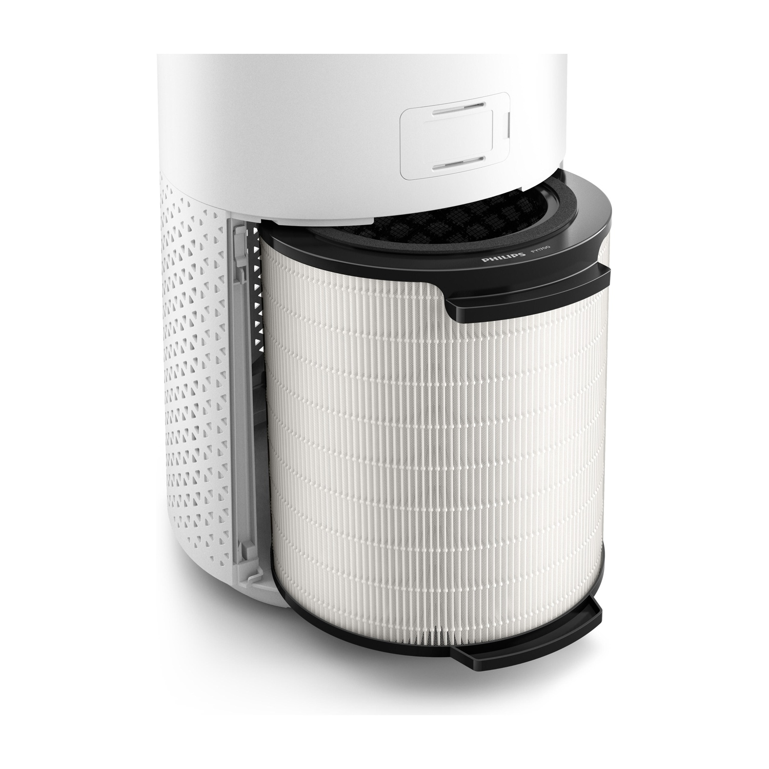 Un purificatore d'aria Philips bianco con filtro estraibile. Il filtro è cilindrico con una superficie bianca plissettata.