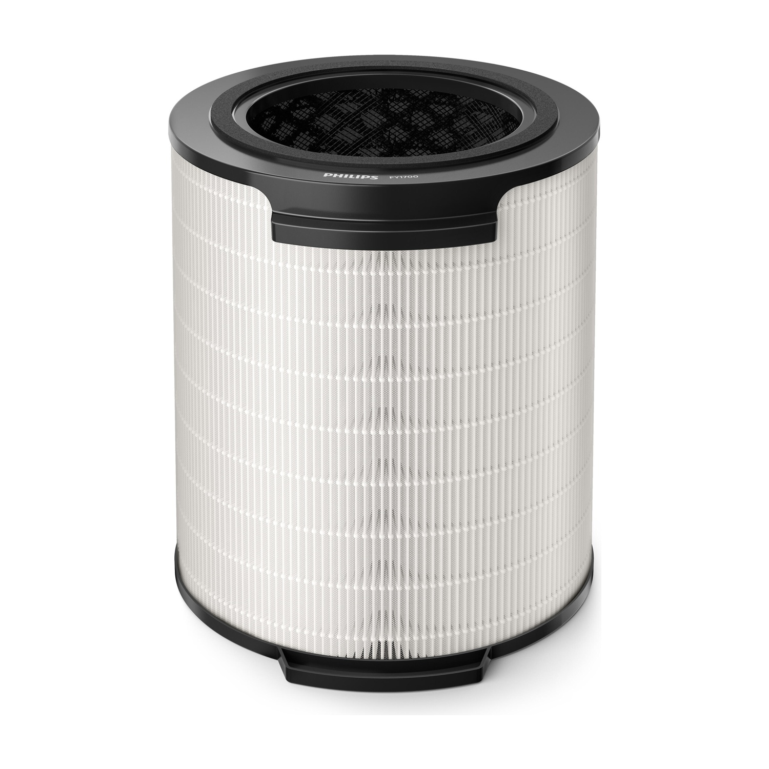 Un filtro dell'aria bianco rotondo con coperchio nero e marchio "PHILIPS FY1700".