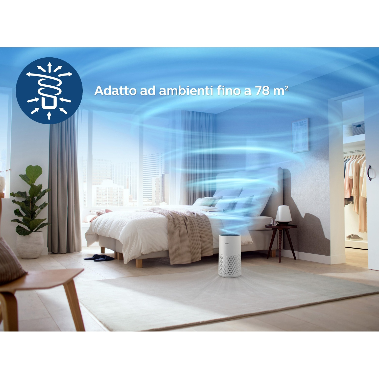 Un purificatore d'aria in una camera da letto che genera correnti d'aria.