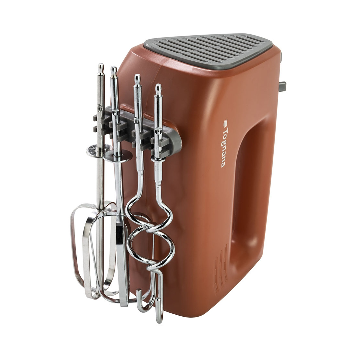 Un frullatore a mano marrone con accessori cromati attaccati al lato.