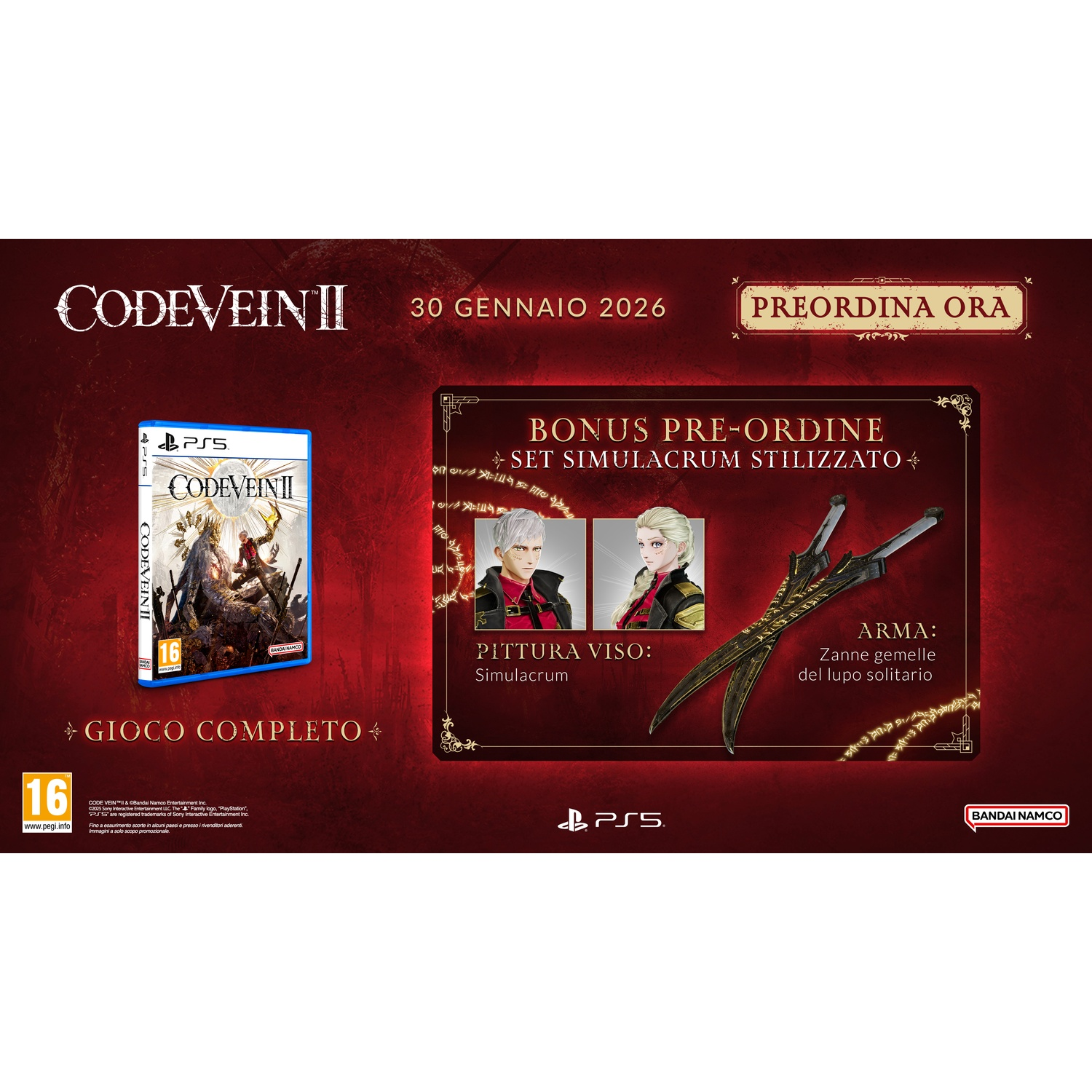 Gioco Code Vein II PS5, bonus pre-ordine con personaggi e armi.
