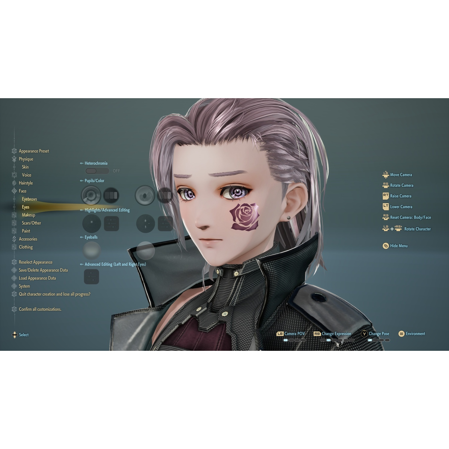 Un personaggio in un editor di personaggi con capelli viola e un tatuaggio di rosa sulla guancia.