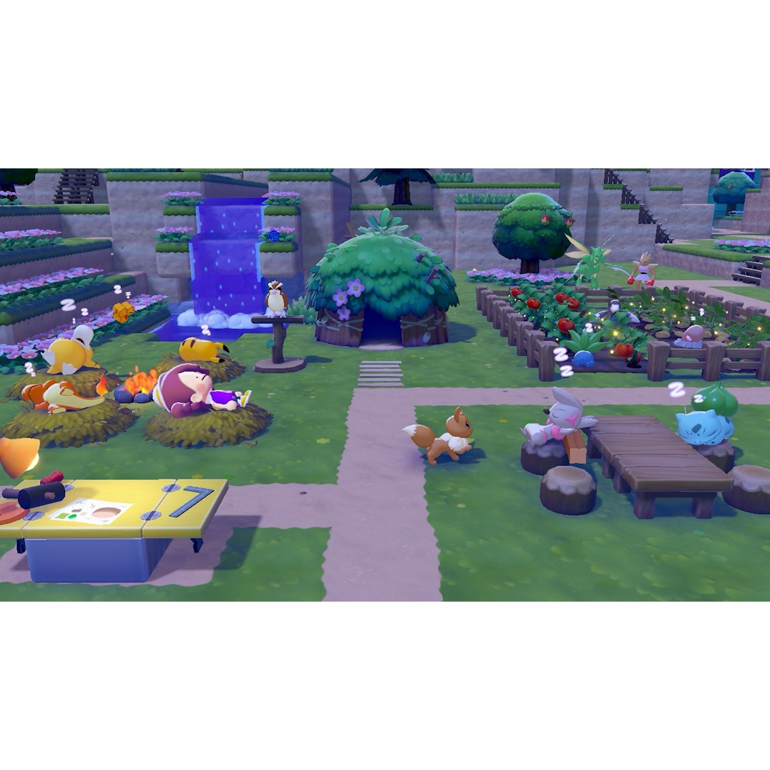 Pokémon riposano in un giardino con cascata e bacche.