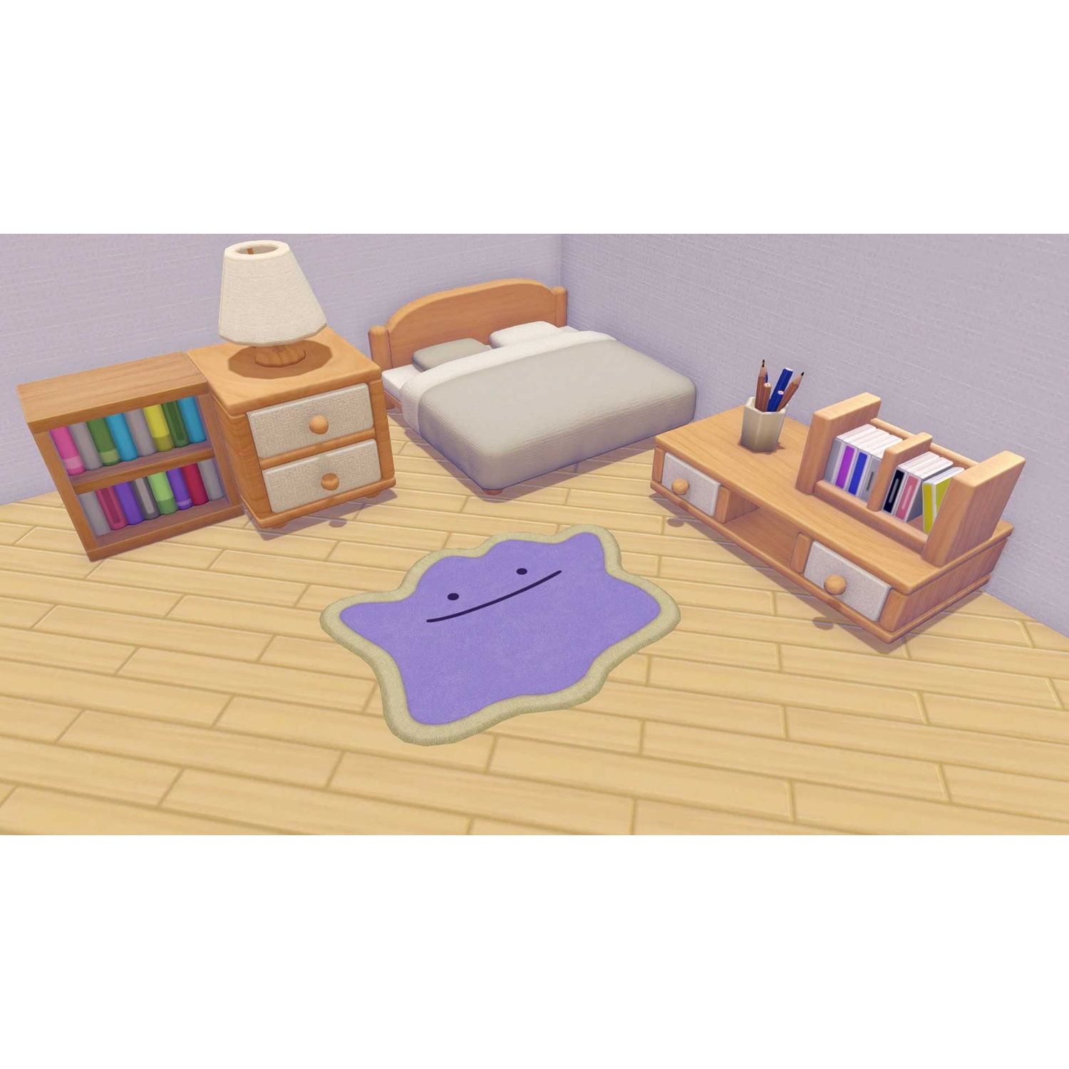 Un tappeto viola Ditto davanti a un letto, comodino e libreria.