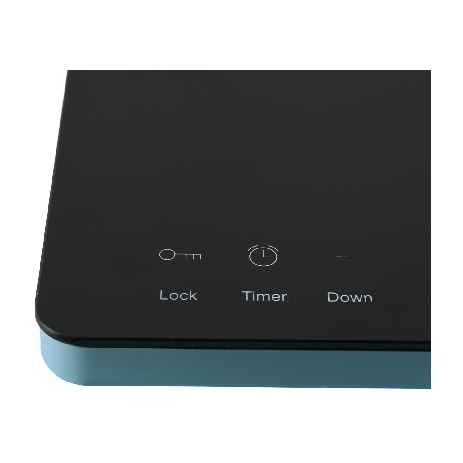 Pannello di controllo nero con icone di blocco, timer e freccia giù.