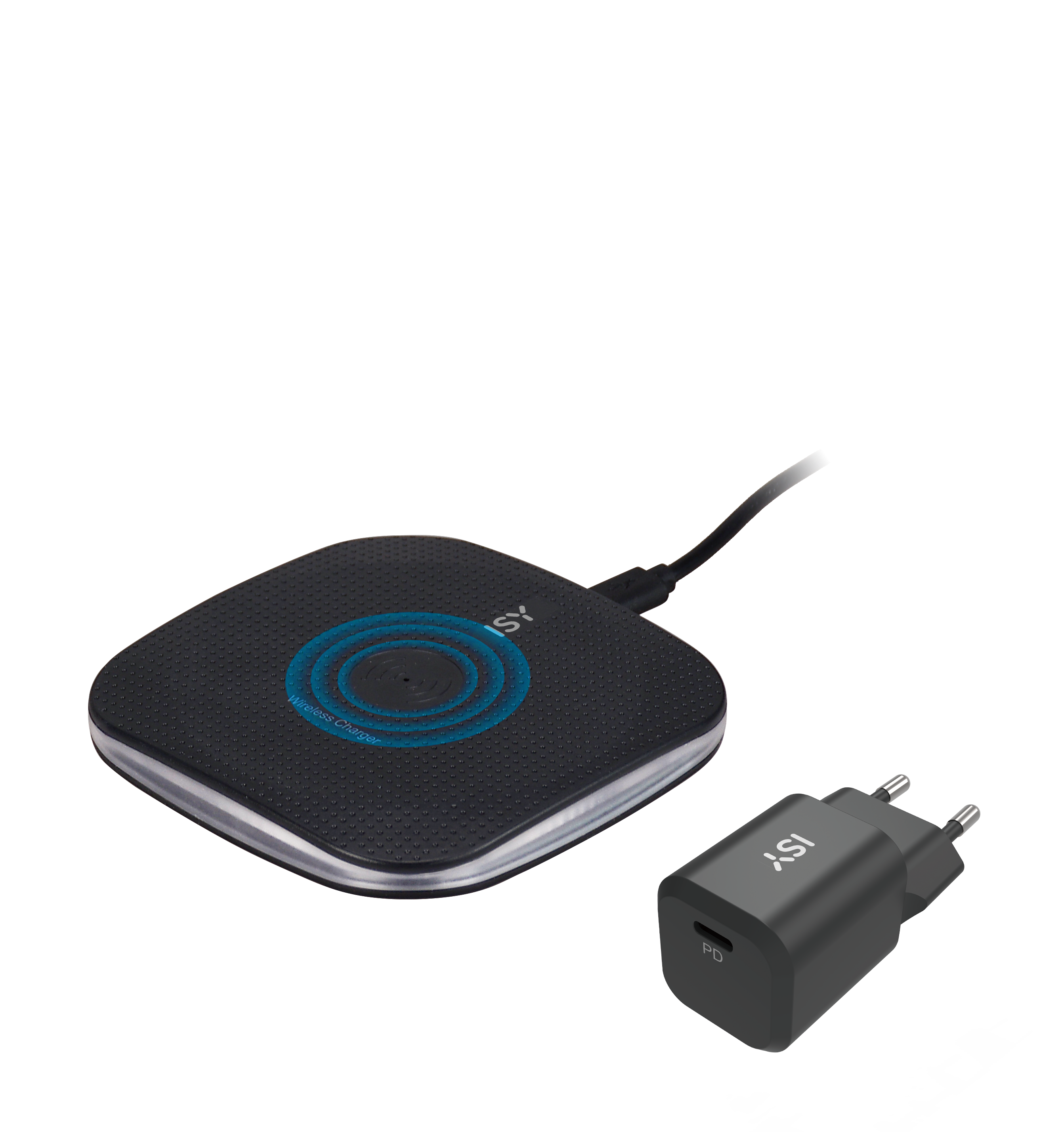 Ein schwarzes ISY Wireless Charger Pad mit blauen Ringen und ein grauer Netzstecker.