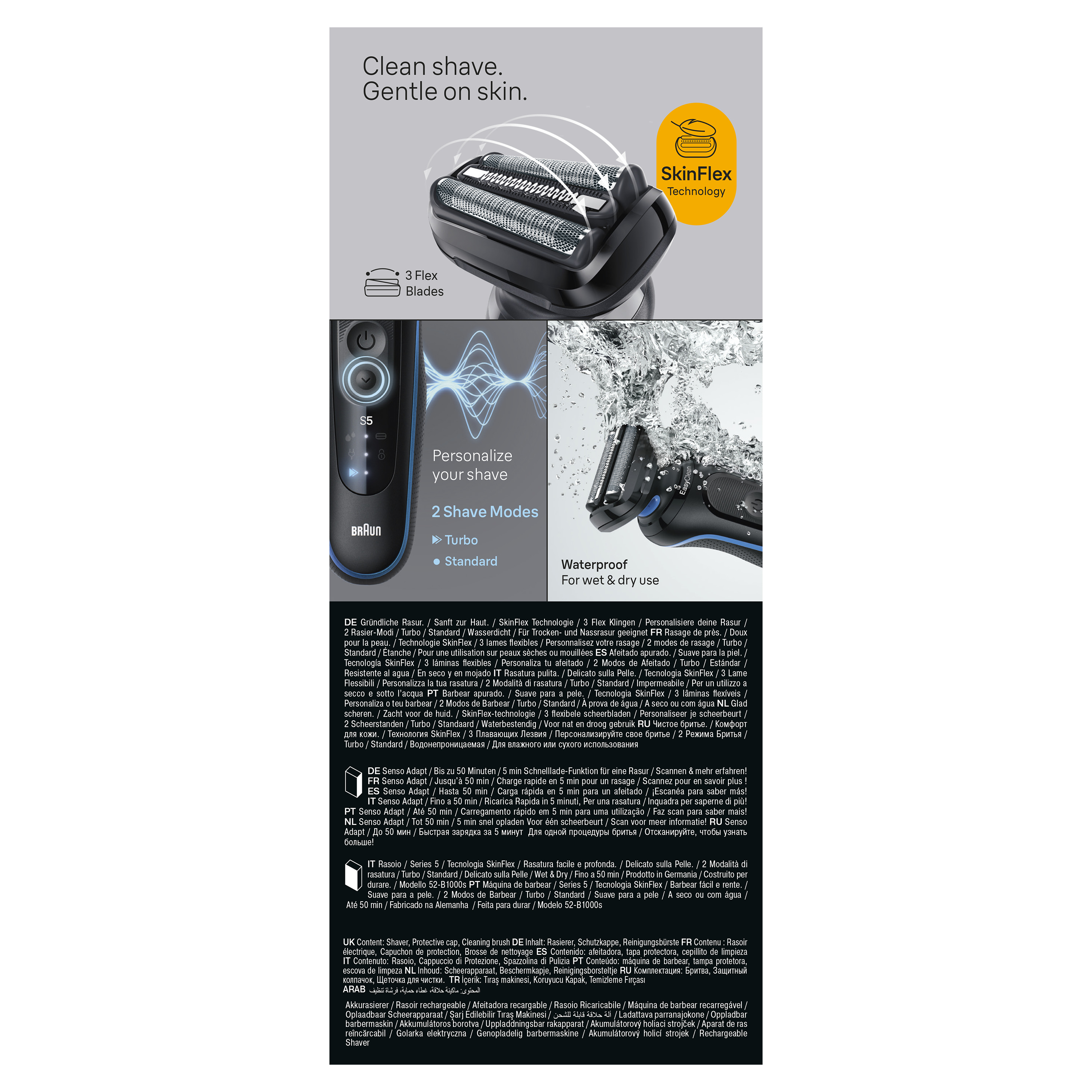 Golarka Braun z technologią SkinFlex, 3 ostrza, 2 tryby, wodoodporna.