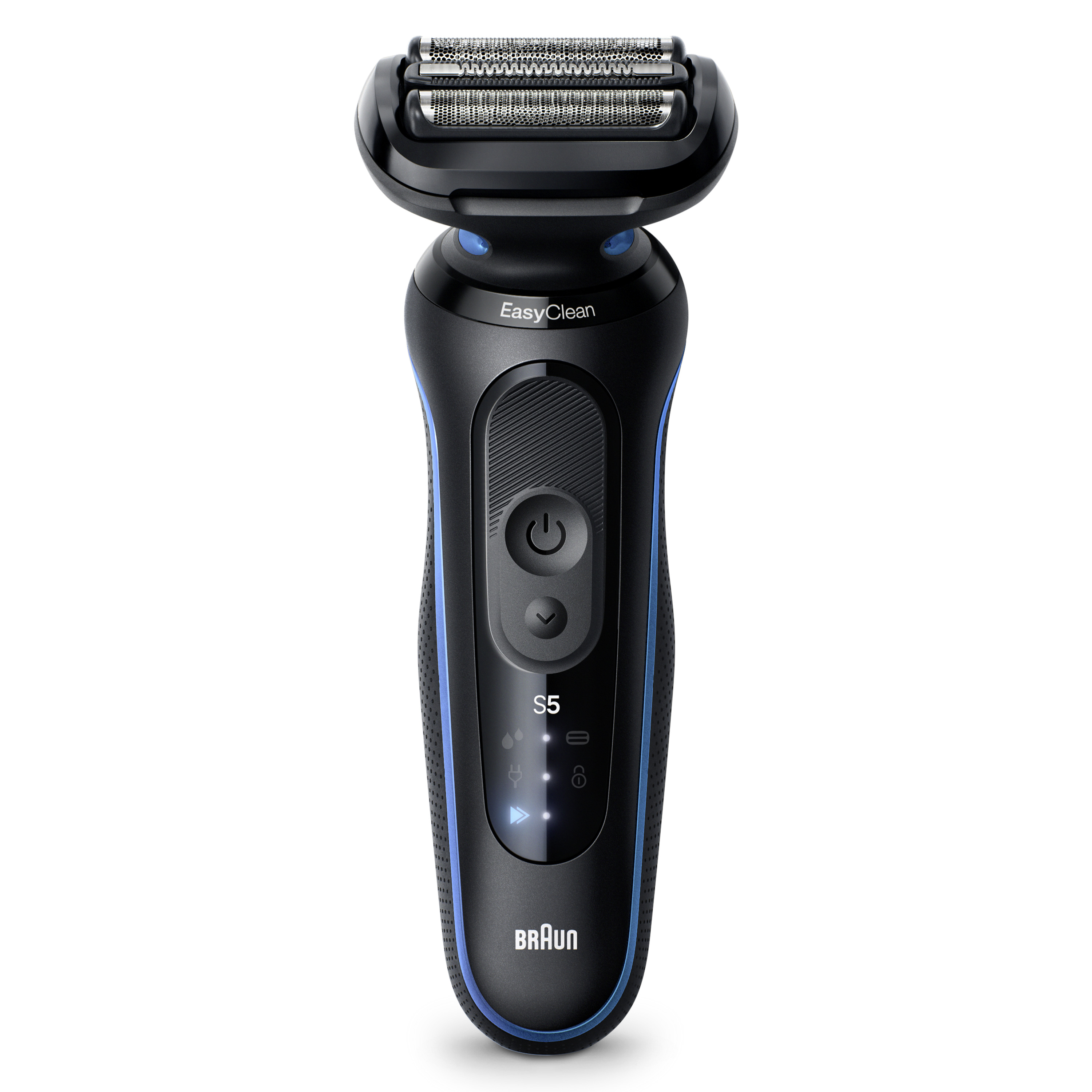 Czarna maszynka do golenia Braun z niebieskimi akcentami i srebrnymi głowicami.