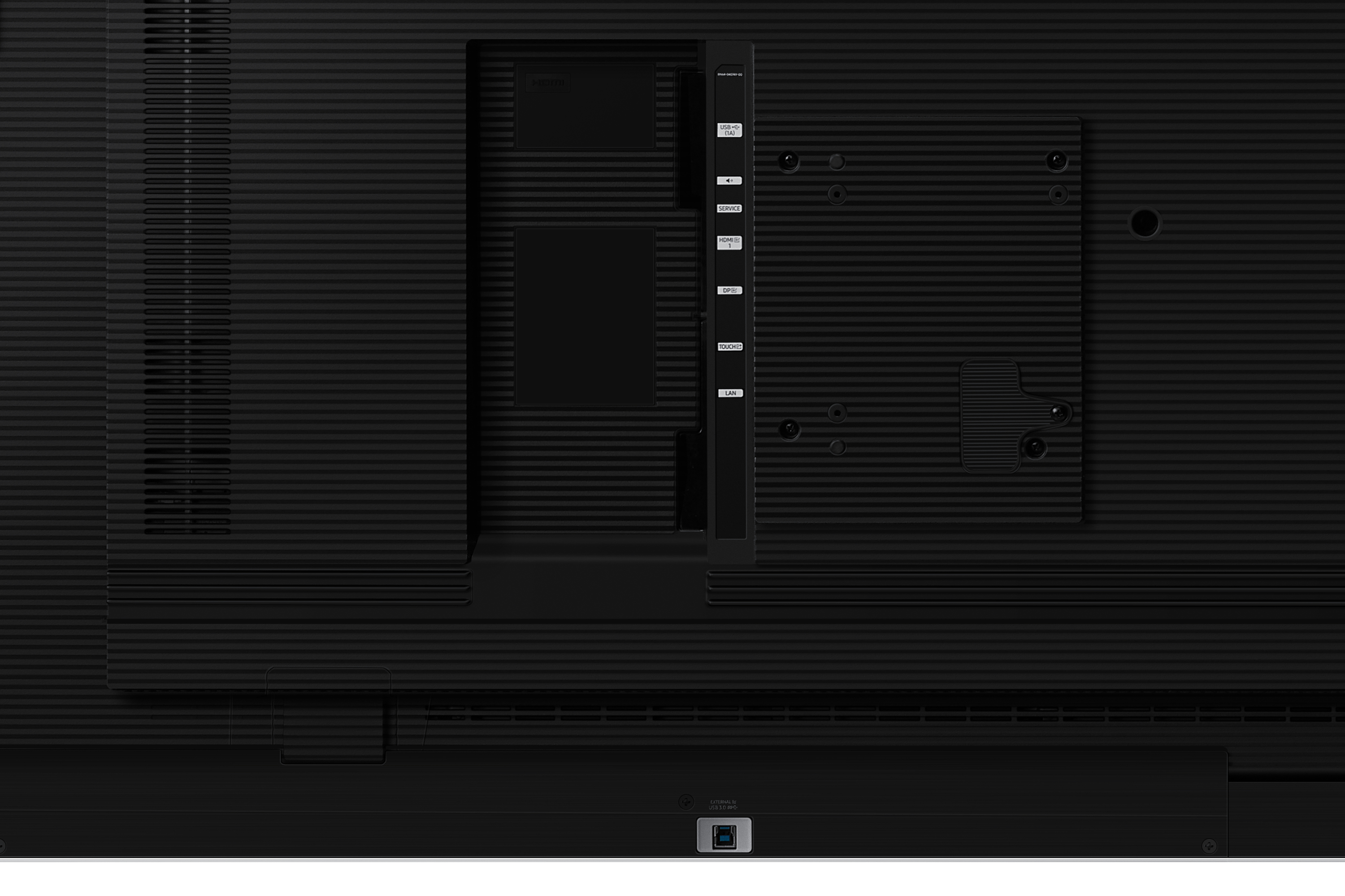 Rückseite eines schwarzen Fernsehers mit Anschlüssen wie HDMI, USB und LAN.