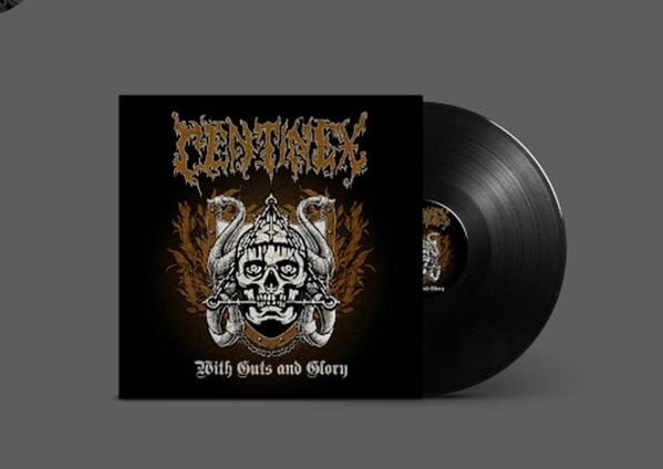 Schwarzes Vinyl-Albumcover mit Totenkopf, Schlangen und "With Guts and Glory".