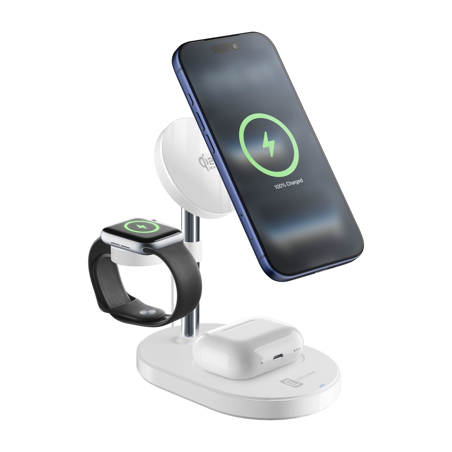 Un supporto di ricarica bianco con un telefono blu, un Apple Watch e AirPods.