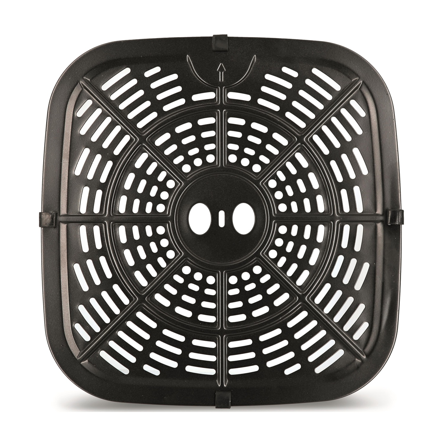 Una griglia quadrata nera con fessure di ventilazione e due ritagli ovali al centro.