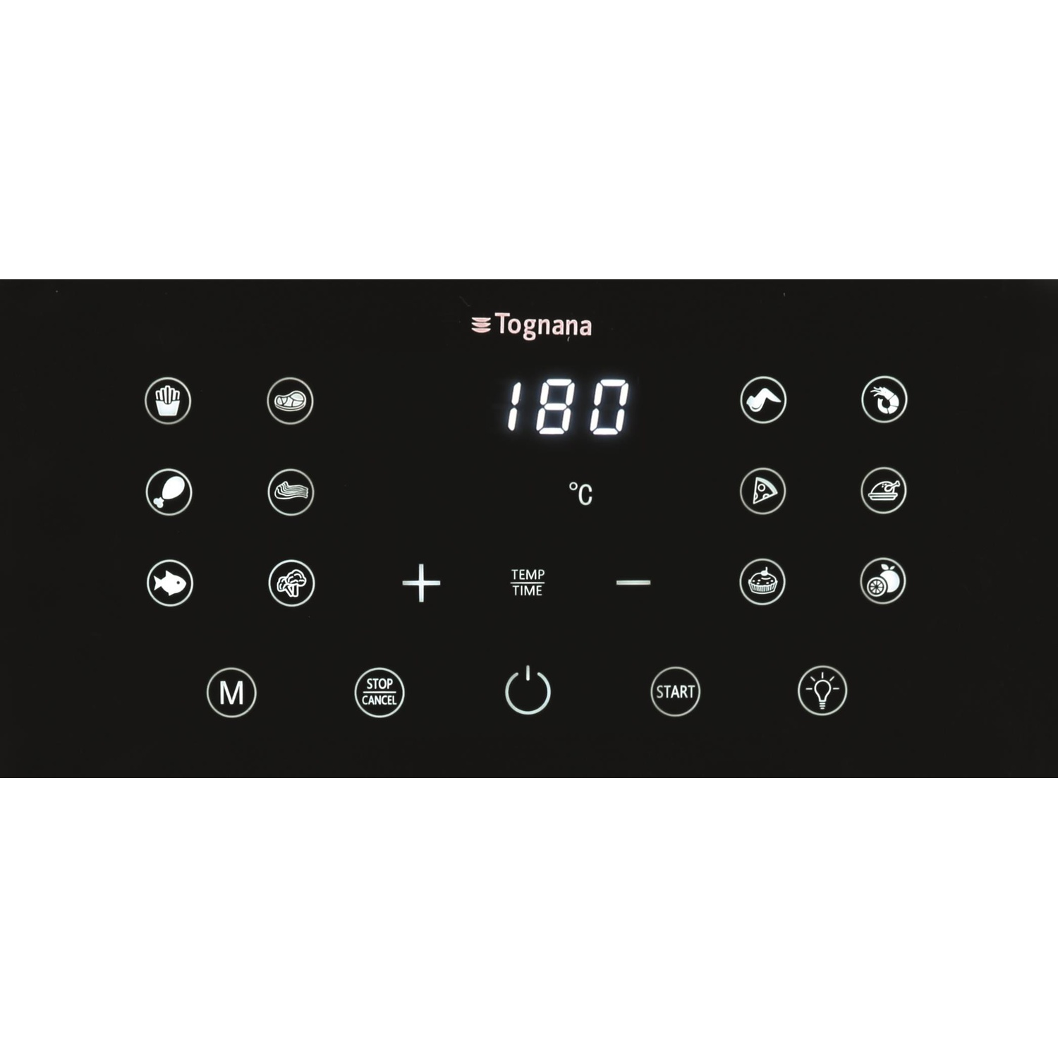Display digitale con icone per patatine, carne, pesce e dolci.