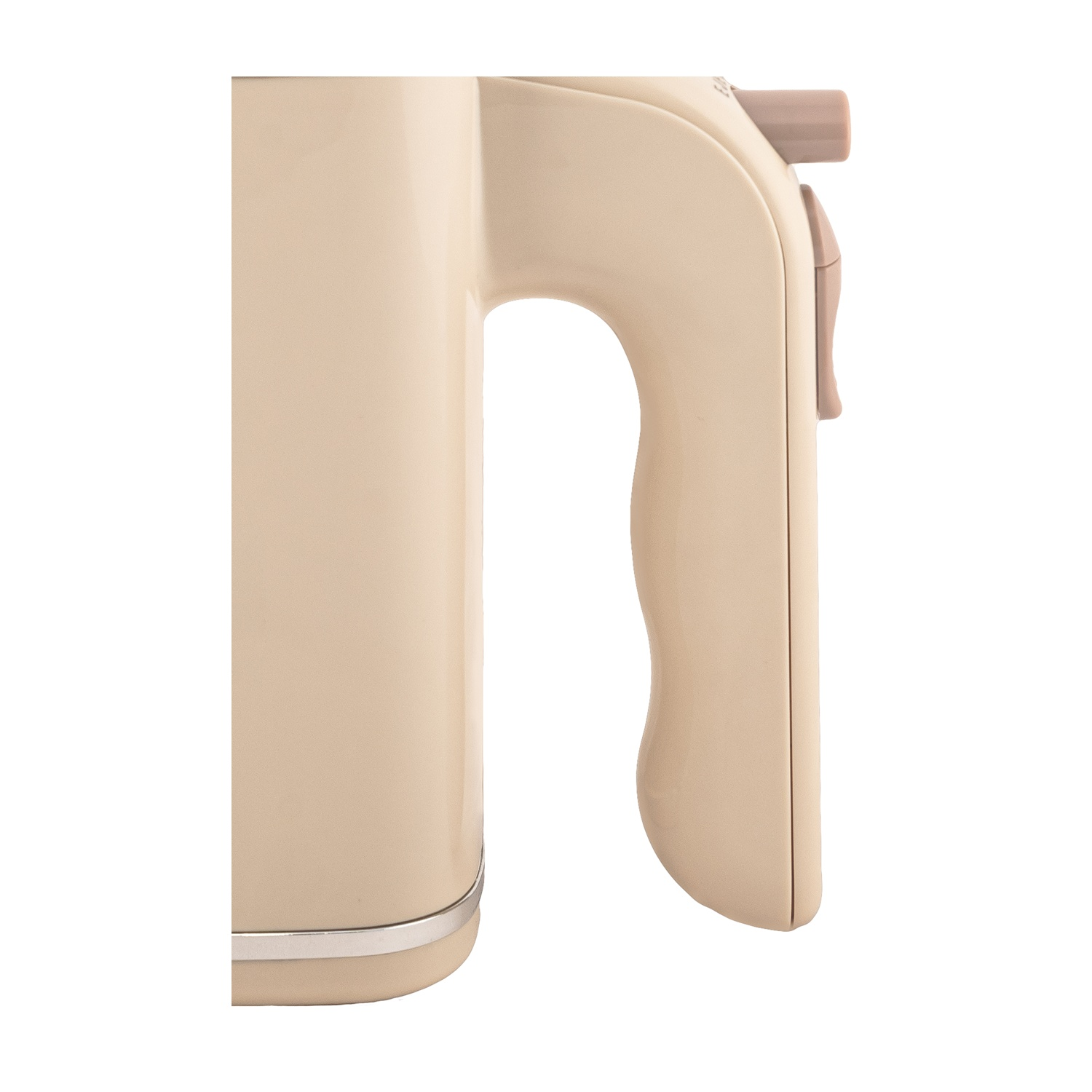 Manico beige per bollitore con interruttore marrone e fascia argentata.