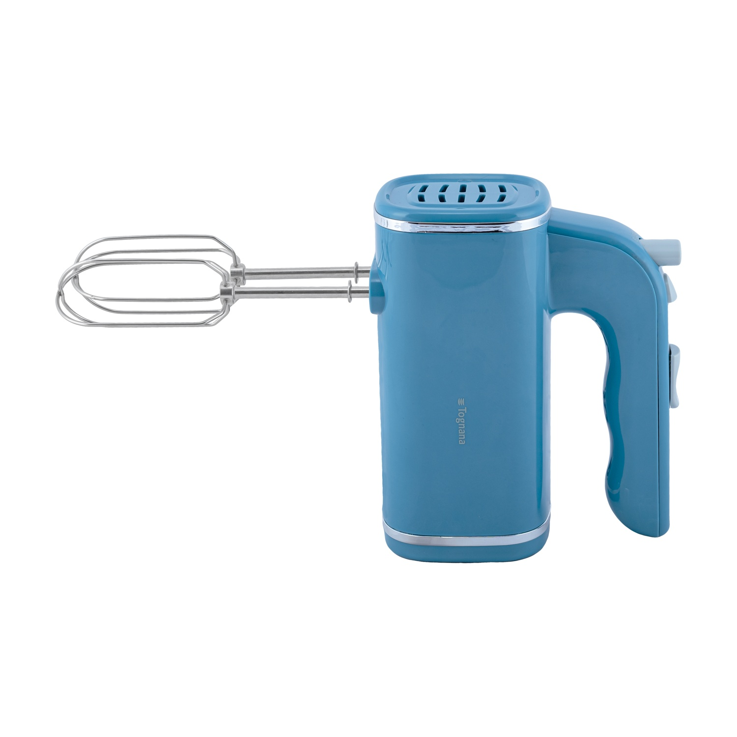 Un frullatore a mano blu con accenti cromati e due fruste.