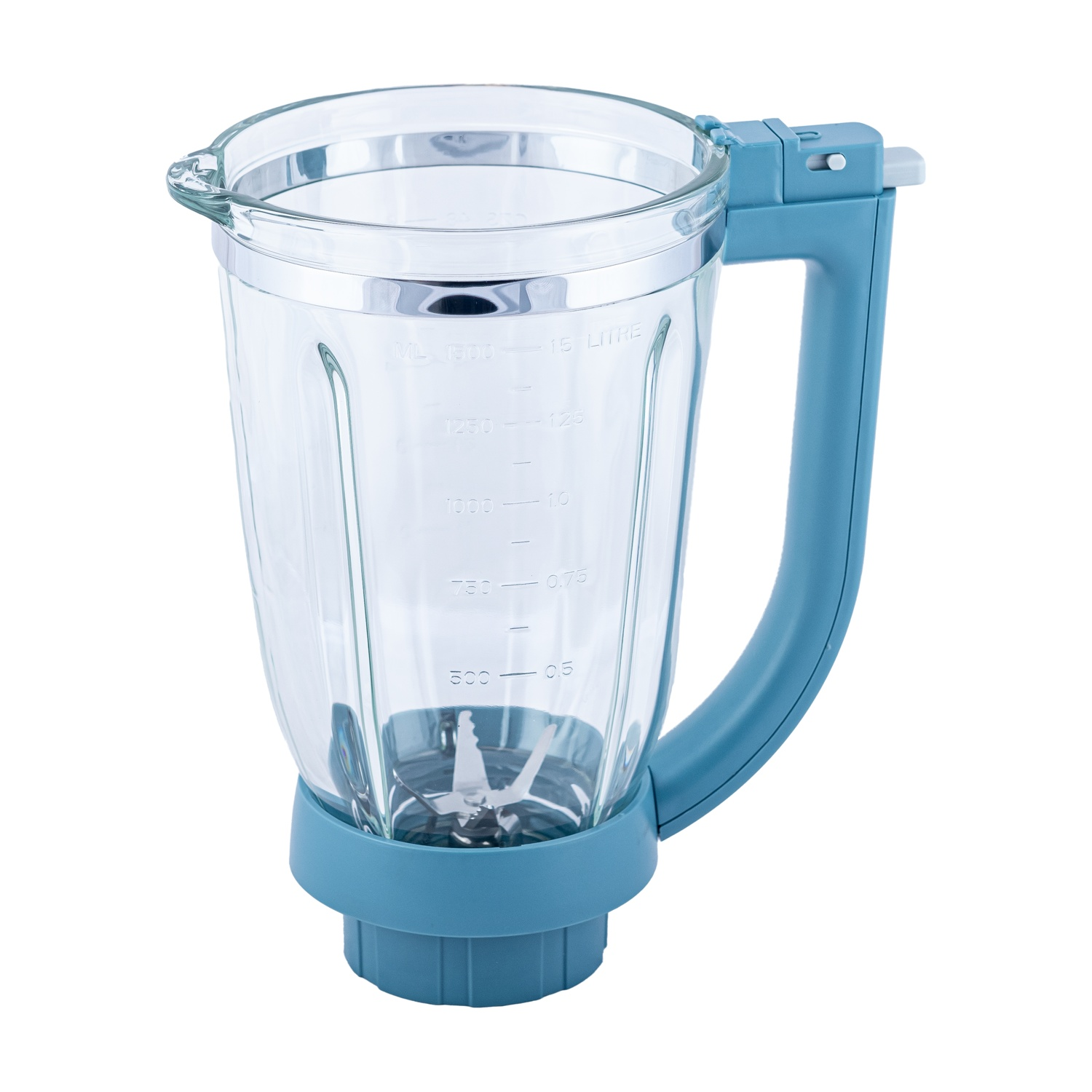 Caraffa frullatore in vetro con manico blu e segni di misurazione.