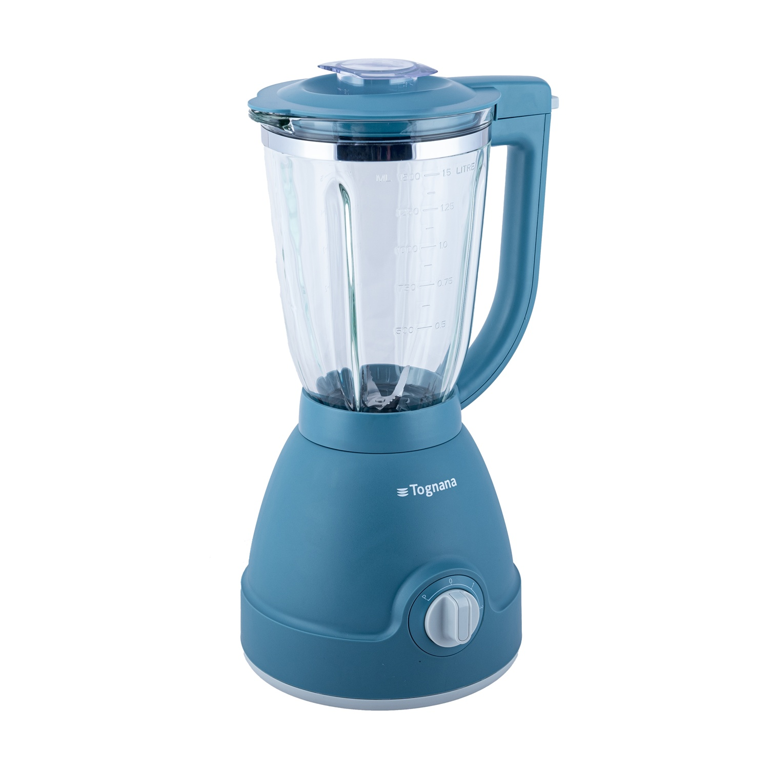 Un frullatore blu con caraffa in vetro e quadrante argentato su sfondo bianco.
