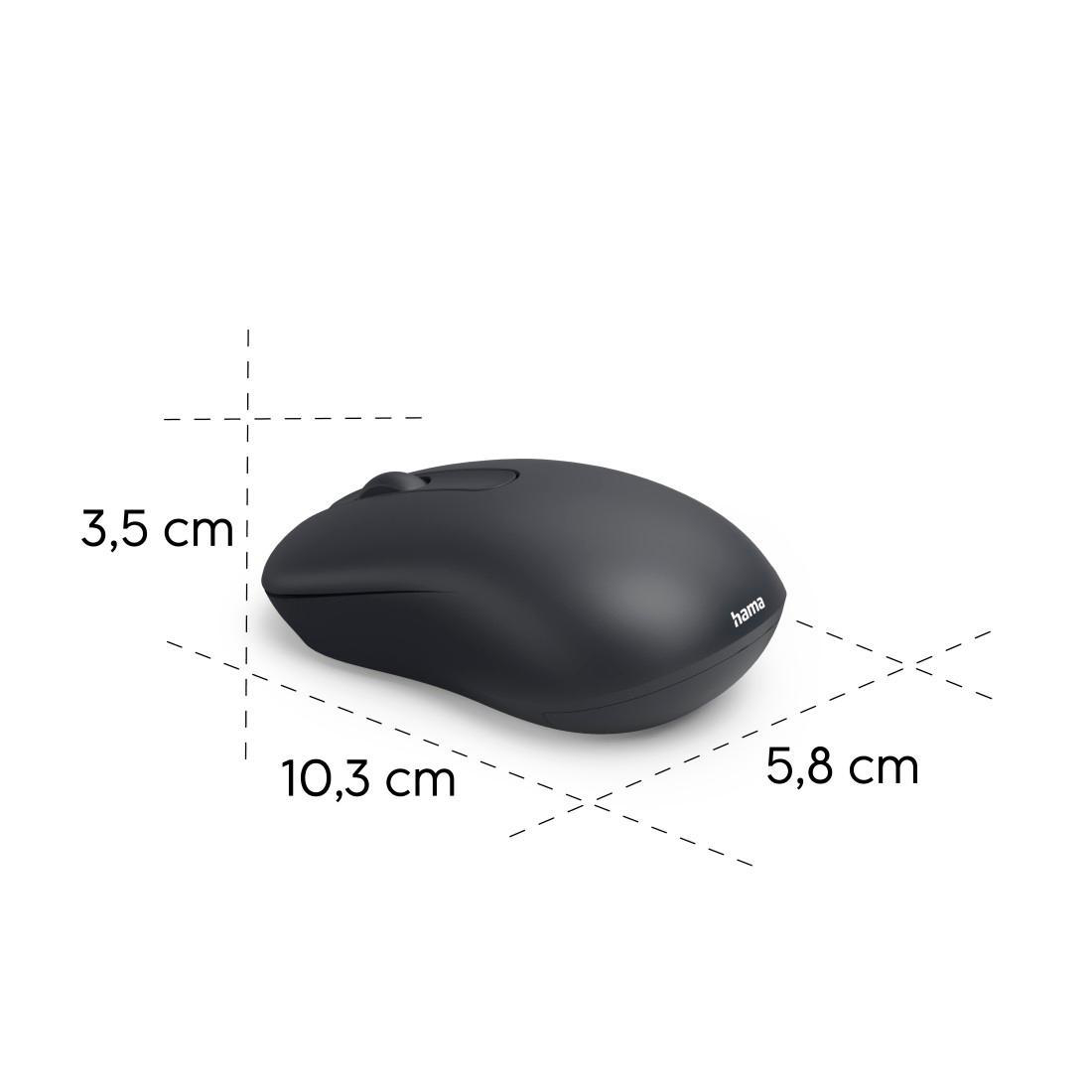 Schwarze Maus mit Maßen 10,3 x 5,8 x 3,5 cm.