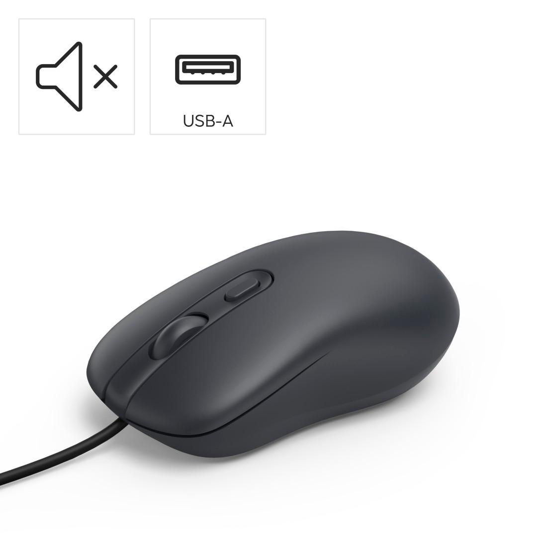 Eine schwarze USB-Maus mit zwei Knöpfen und Scrollrad, leise.