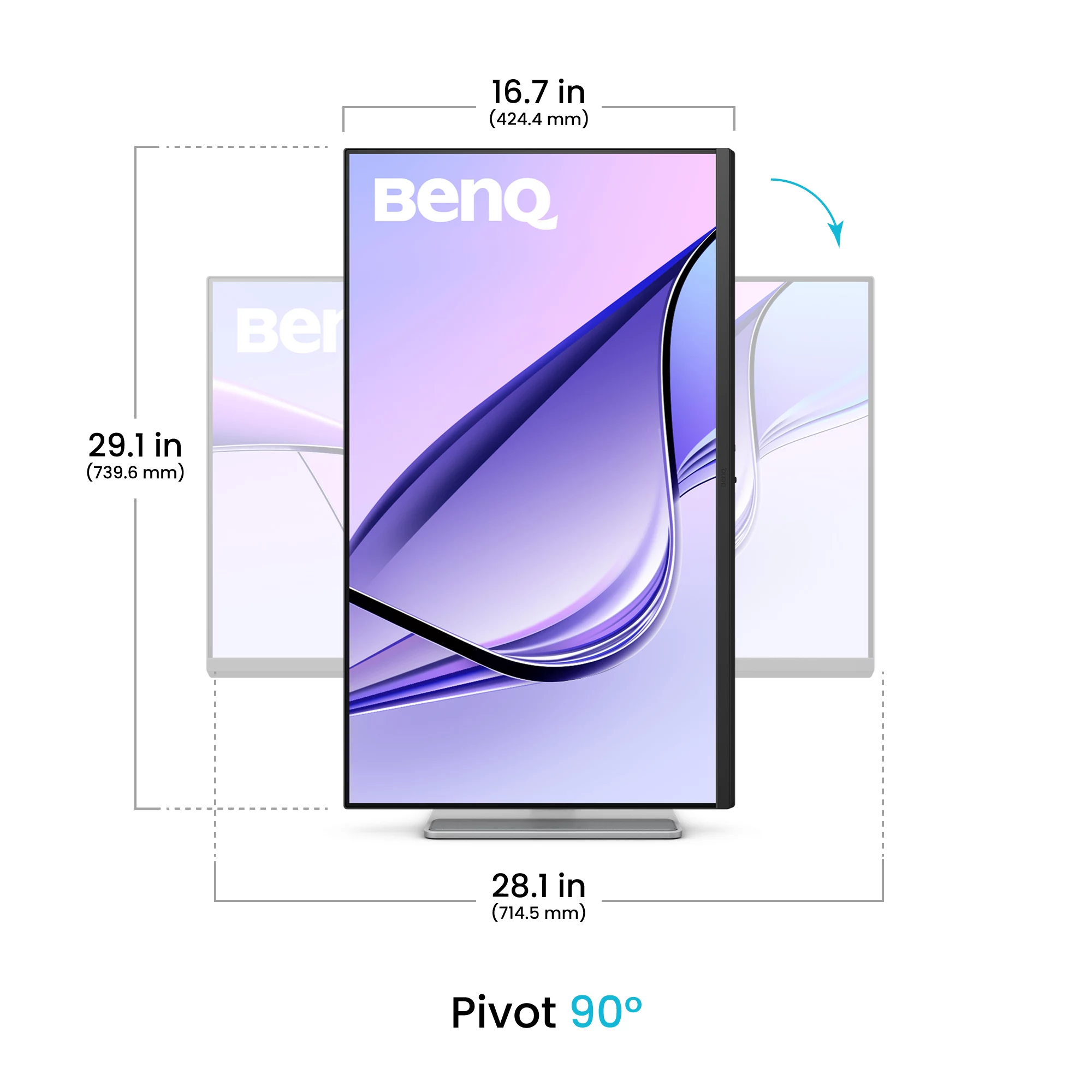 Ein BenQ-Monitor im Hochformat mit Maßangaben und einem Schwenk-Symbol.