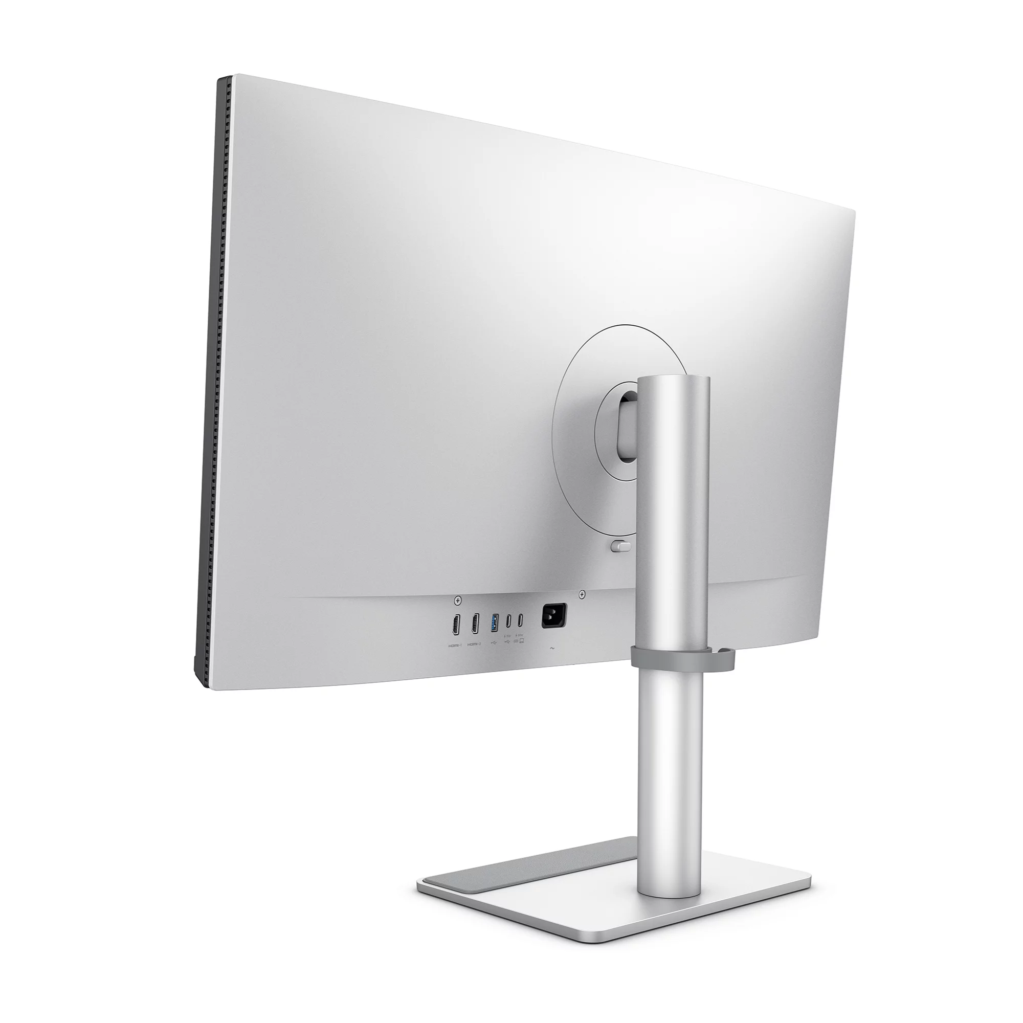 Rückseite eines weißen Monitors mit Anschlüssen und einem silbernen Standfuß.