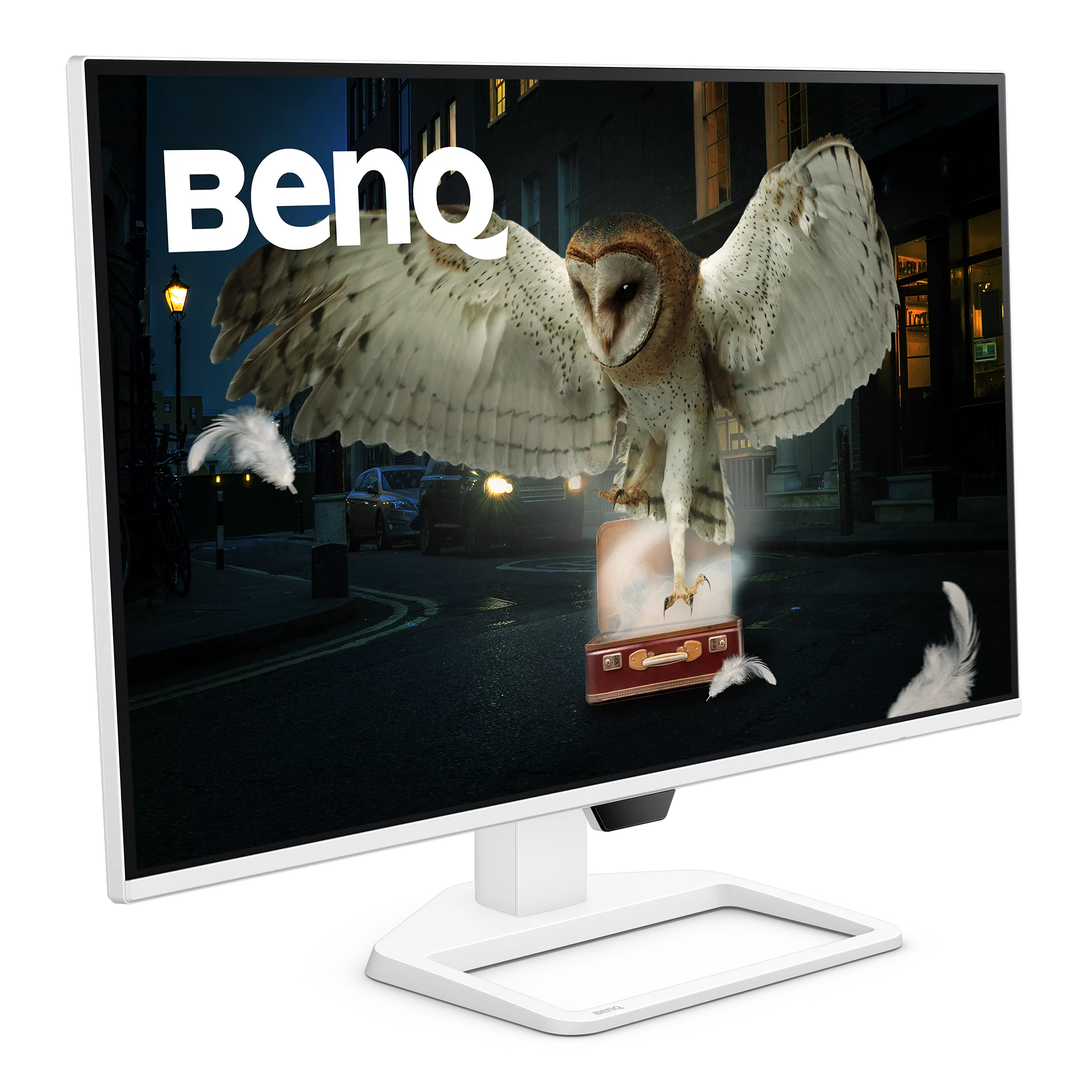 Eine Schleiereule fliegt über eine Kiste. Benq Logo oben links.