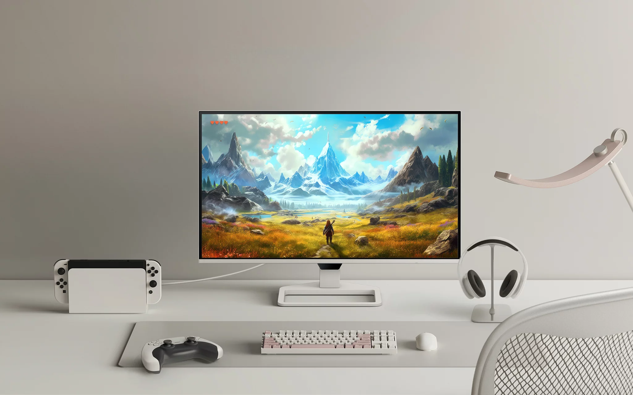 Ein Schreibtisch mit einem Monitor, der eine Berglandschaft zeigt. Daneben eine Konsole und Kopfhörer.