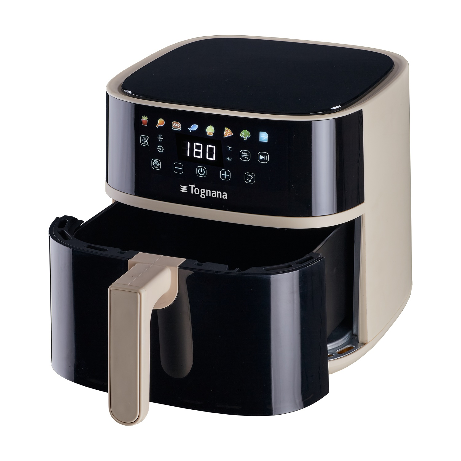 Una friggitrice ad aria beige con parte superiore e cassetto neri. Il display mostra 180°C.