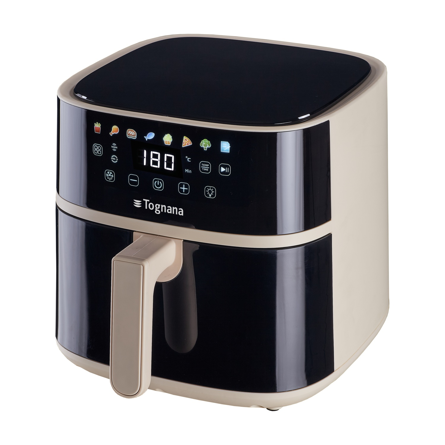 Friggitrice ad aria beige e nera con display digitale e manico.