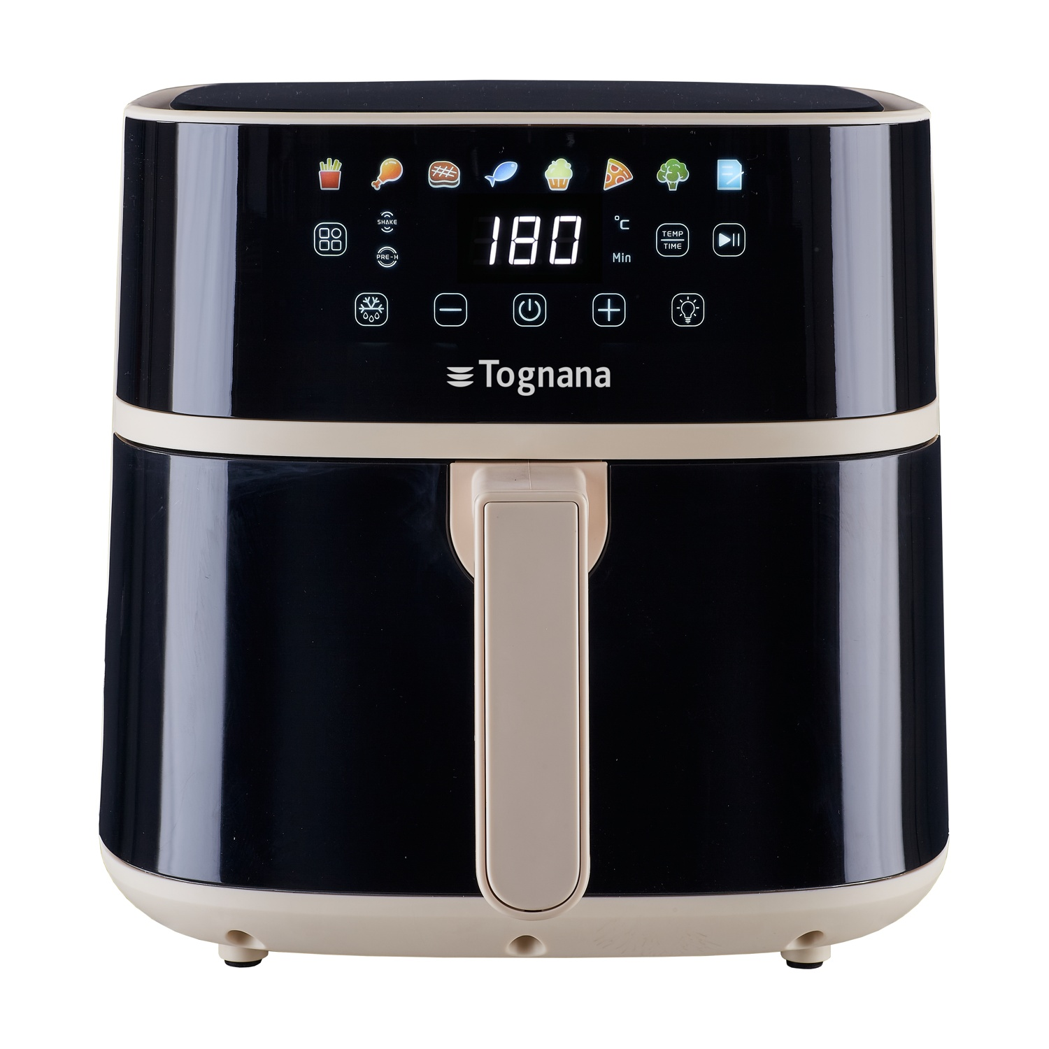 Una friggitrice ad aria Tognana nera e crema con display digitale e icone.
