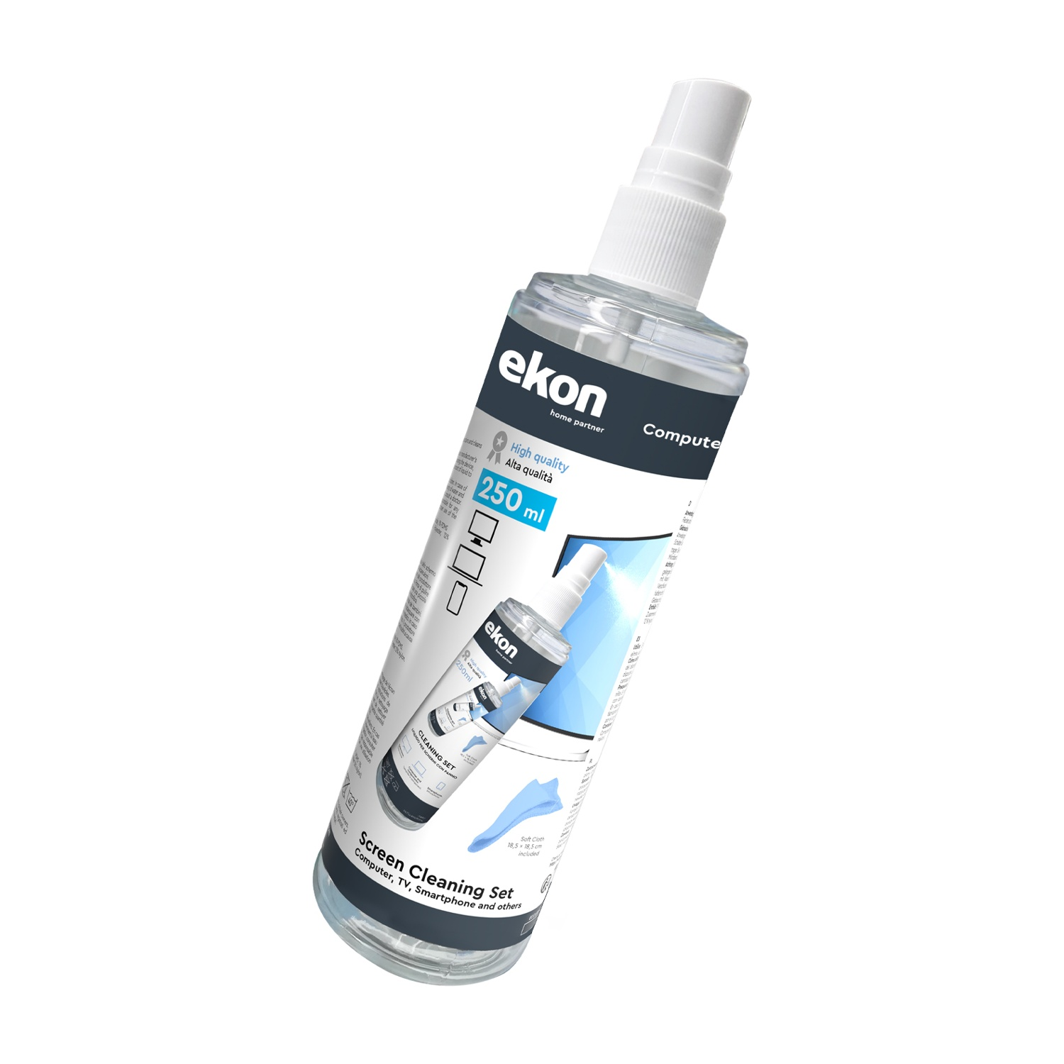 Una bottiglia di Ekon Screen Cleaning Set, 250ml, con panno in microfibra incluso.