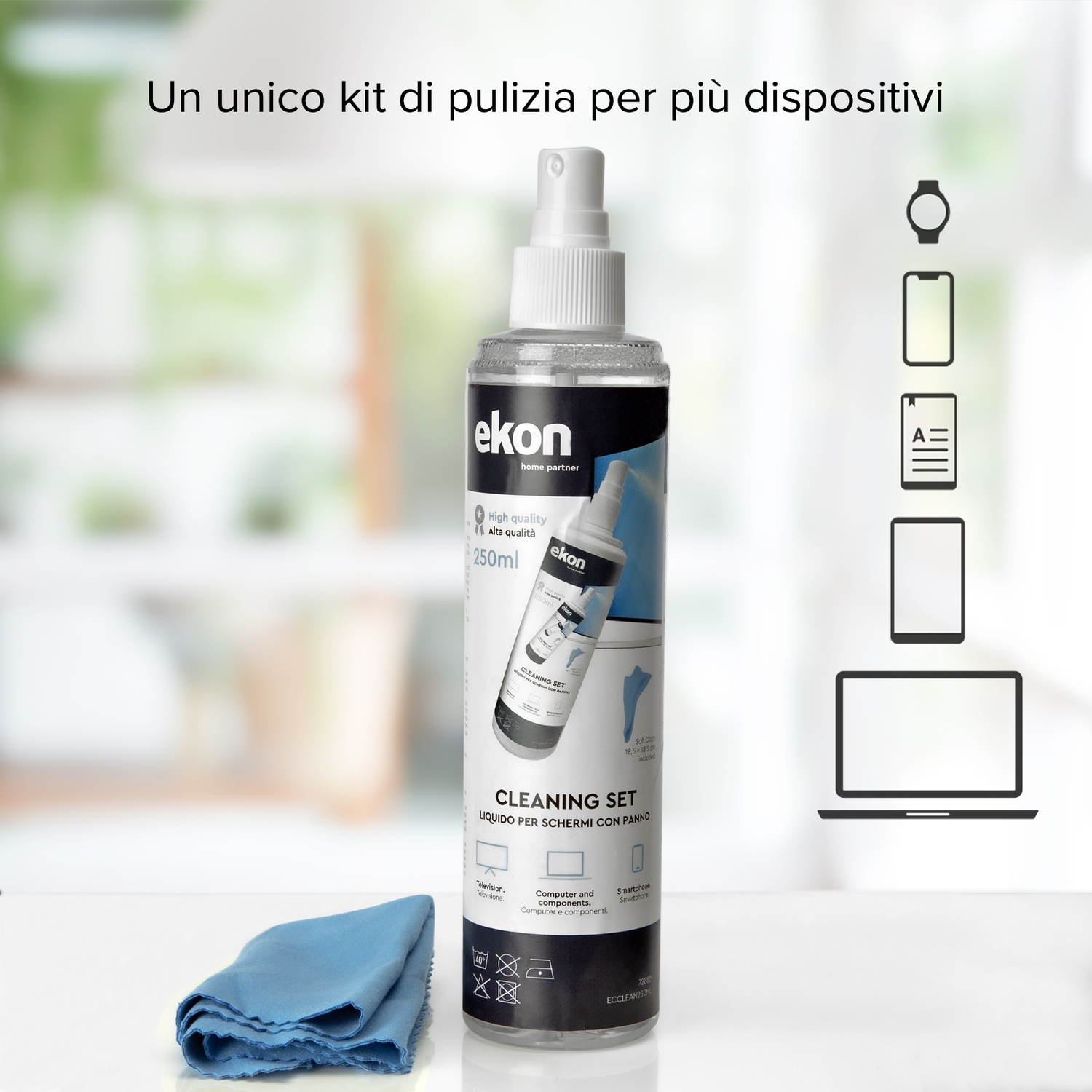 Un flacone spray e panno blu per schermi di orologi, telefoni, tablet e laptop.