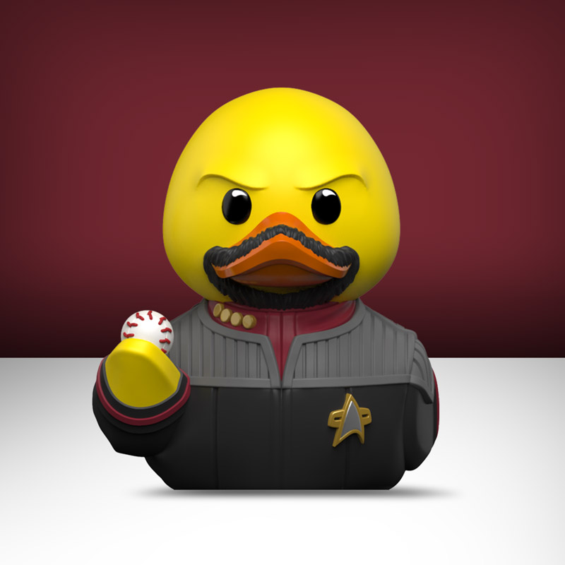 Sárga gumikacsa bajusszal, Csillagflotta egyenruha, baseballt tart.