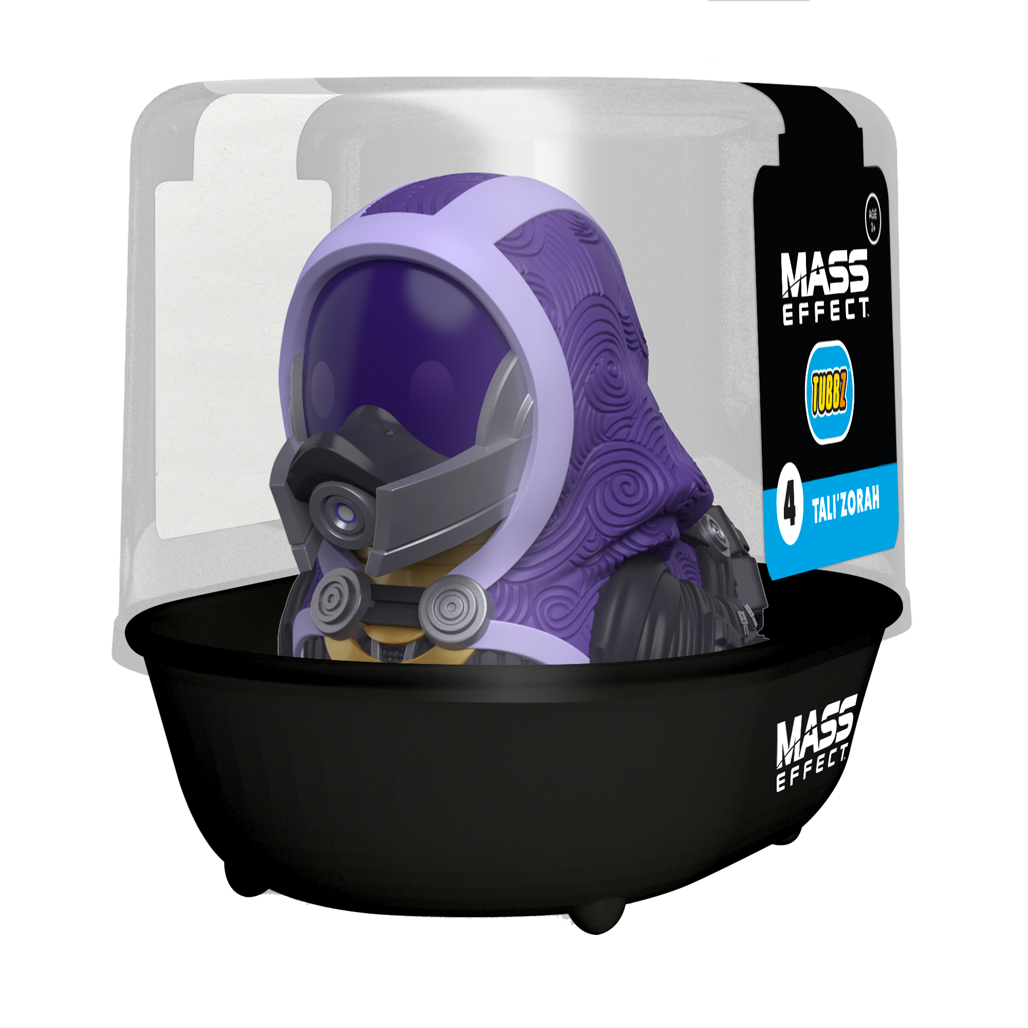 Egy lila sisakos figura fekete kádban, Mass Effect logóval.