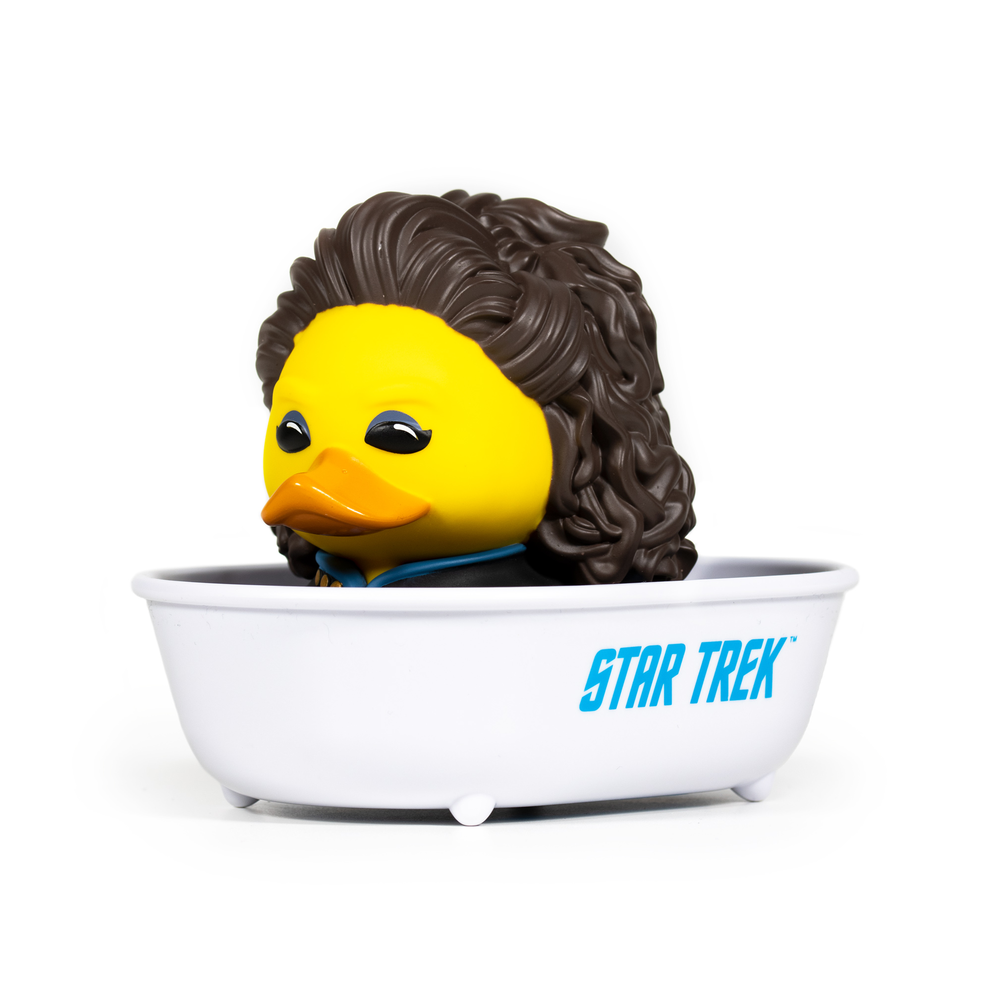 Sárga gumikacsa barna hajjal, fehér fürdőkádban Star Trek logóval.