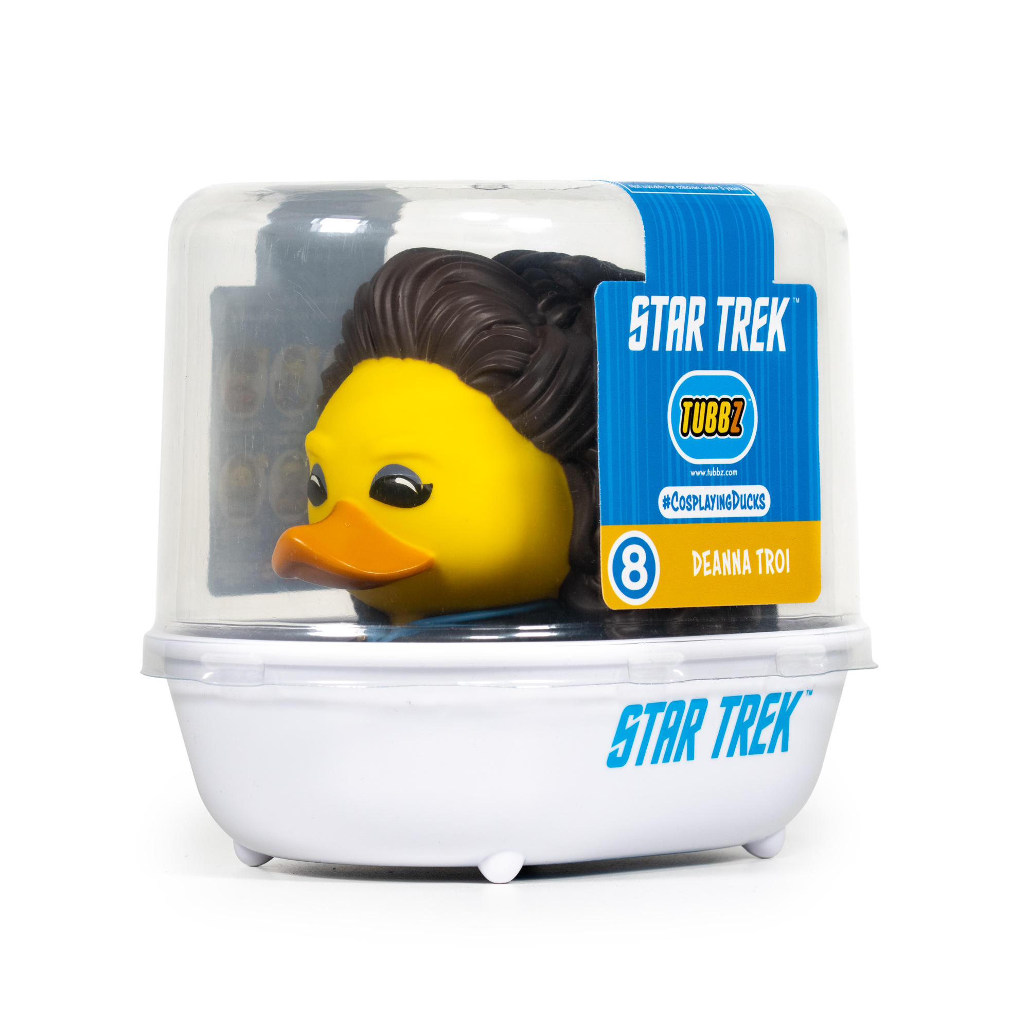 Sárga gumikacsa barna hajjal, Star Trek csomagolásban.