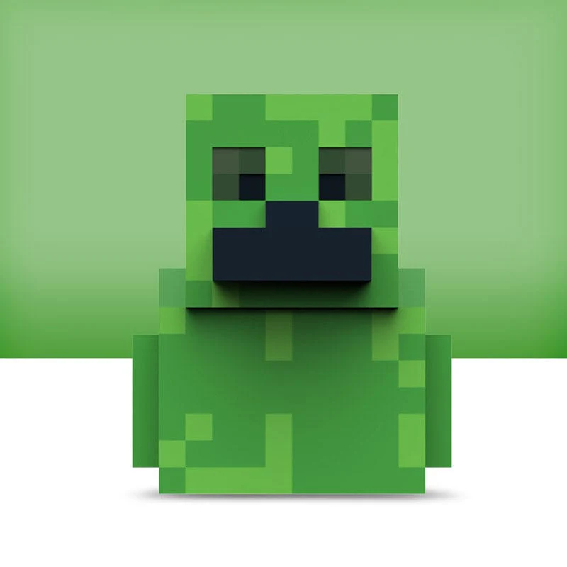 Egy zöld Minecraft Creeper karakter világoszöld háttér előtt.