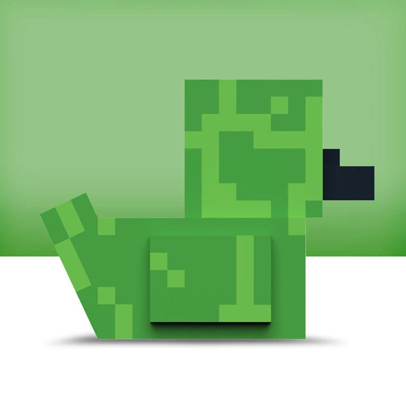 Zöld, pixeles kacsa fekete csőrrel, világos háttér előtt.