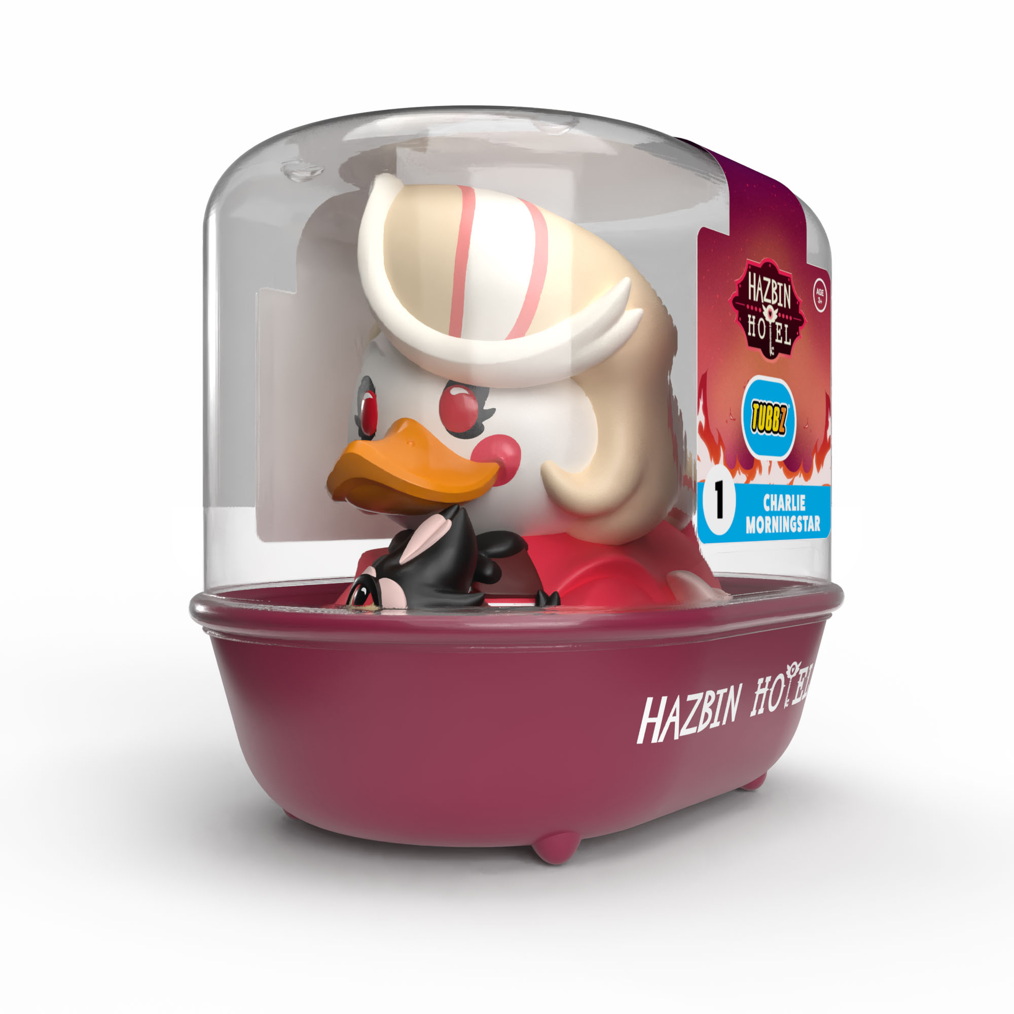 Egy animált figura egy kádakban, "Hazbin Hotel" feliratú műanyag tokban.