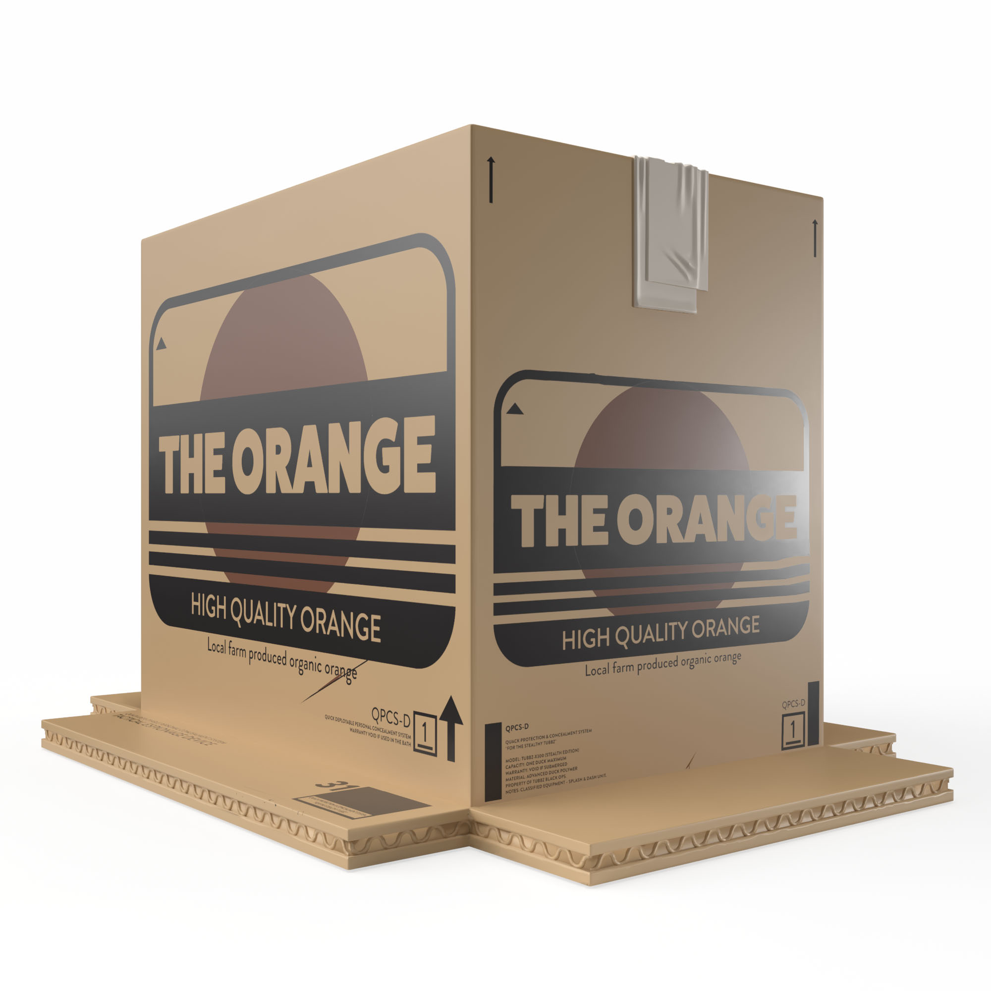 Barna kartondoboz „THE ORANGE" felirattal és termékinformációkkal.