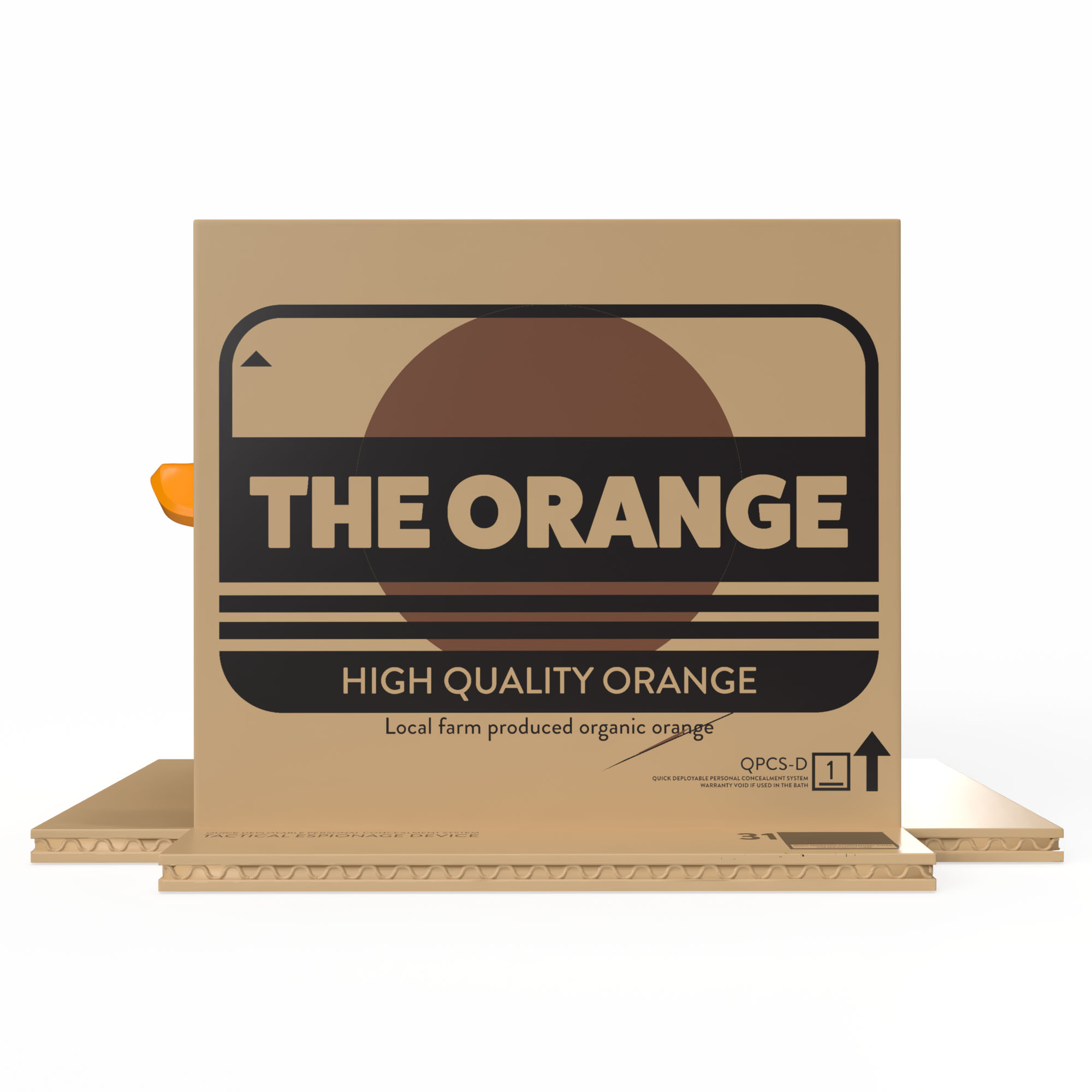 Egy barna kartondoboz fekete és barna "THE ORANGE" felirattal.