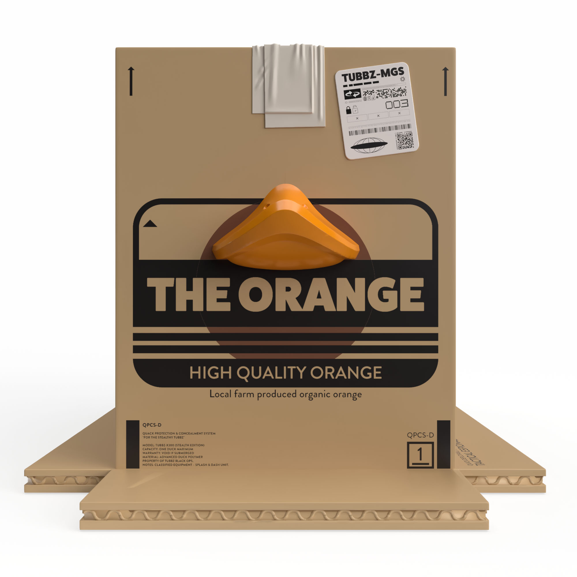 Egy kartondoboz "The Orange" felirattal, kacsa csőrrel a tetejen.
