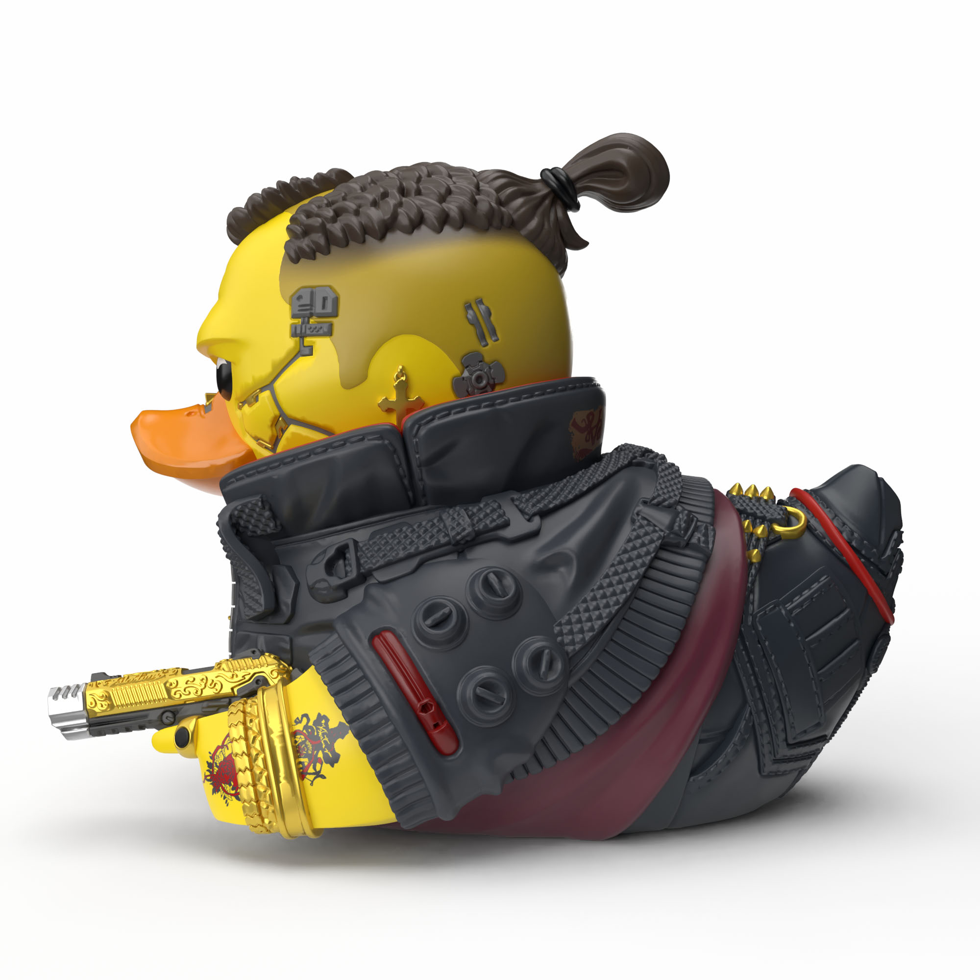 Sárga kacsa cyberpunk ruhában, arany fegyvert tart.
