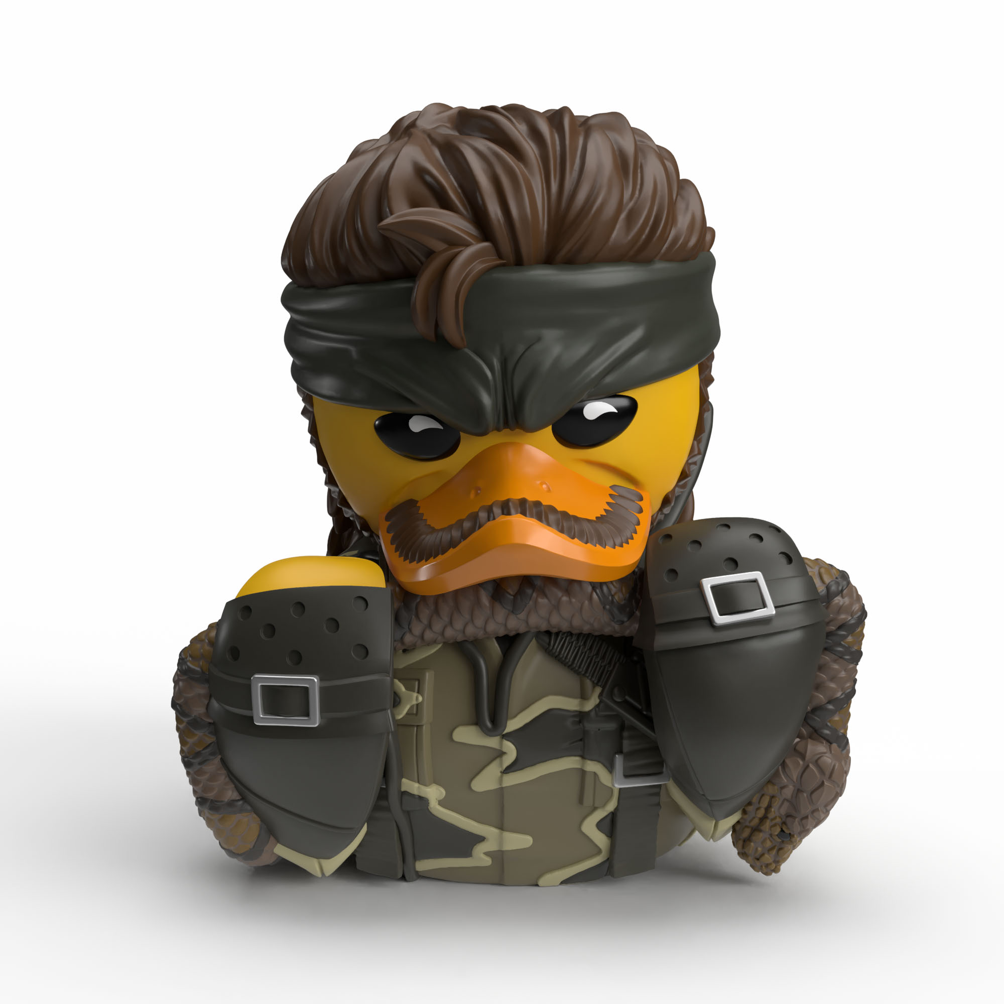 Egy Solid Snake stílusú gumikacsa barna hajjal, fejkendővel és terepszínű ruházattal.